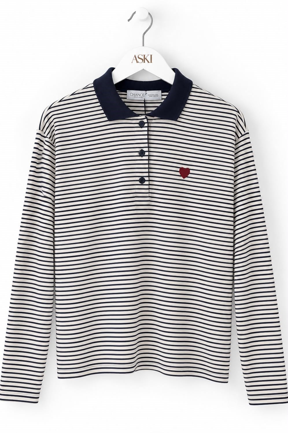 Ekru-Lacivert Polo Yaka Yarım Düğmeli Kalp Nakışlı Çizgili T-Shirt