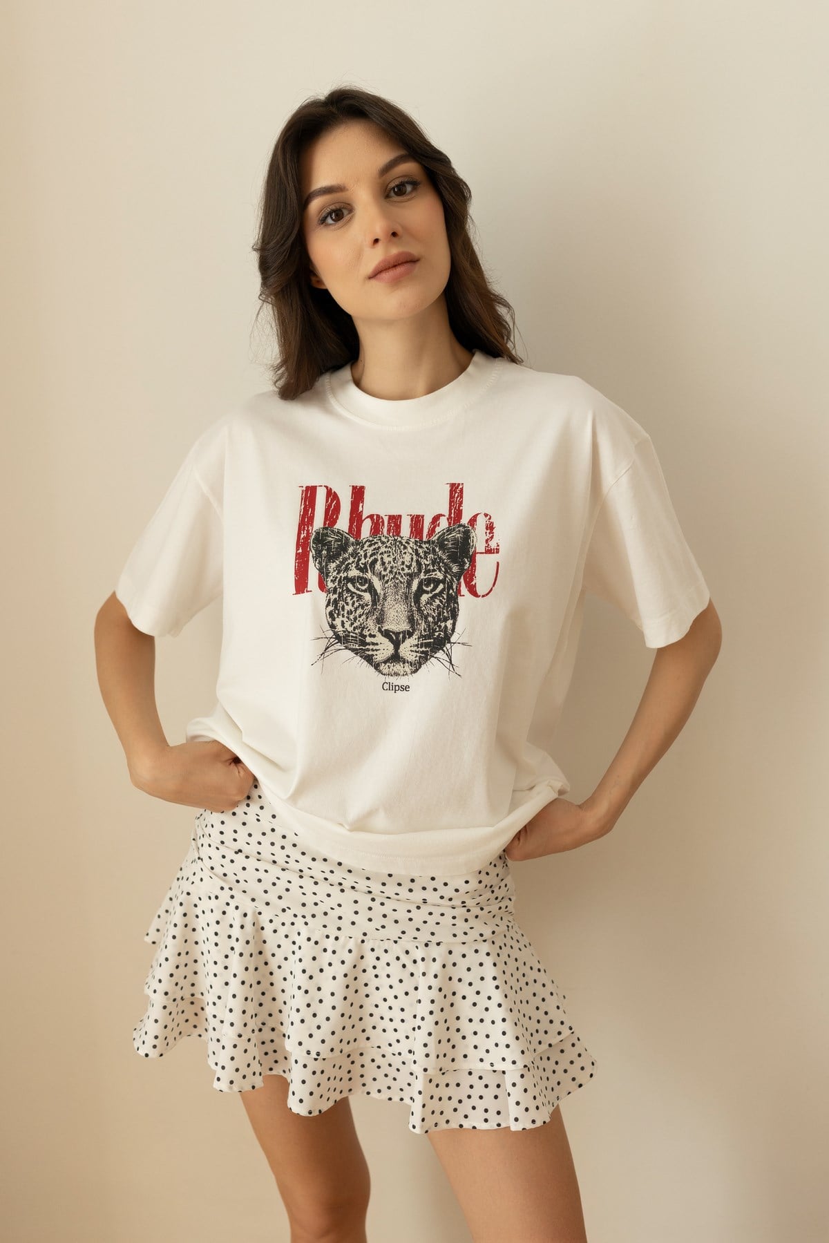 Ekru Leopar Ve Yazı Baskılı Oversize T-Shirt
