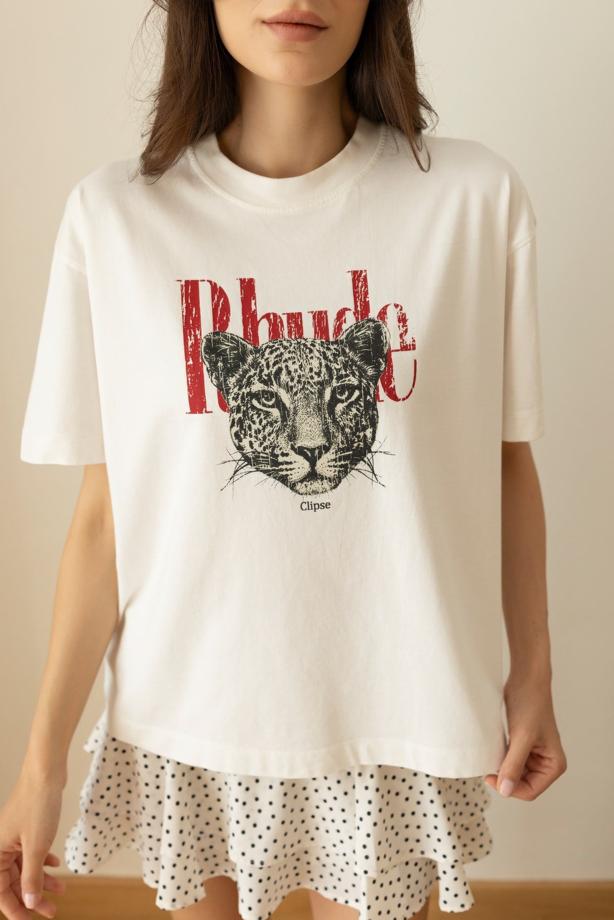 Ekru Leopar Ve Yazı Baskılı Oversize T-Shirt