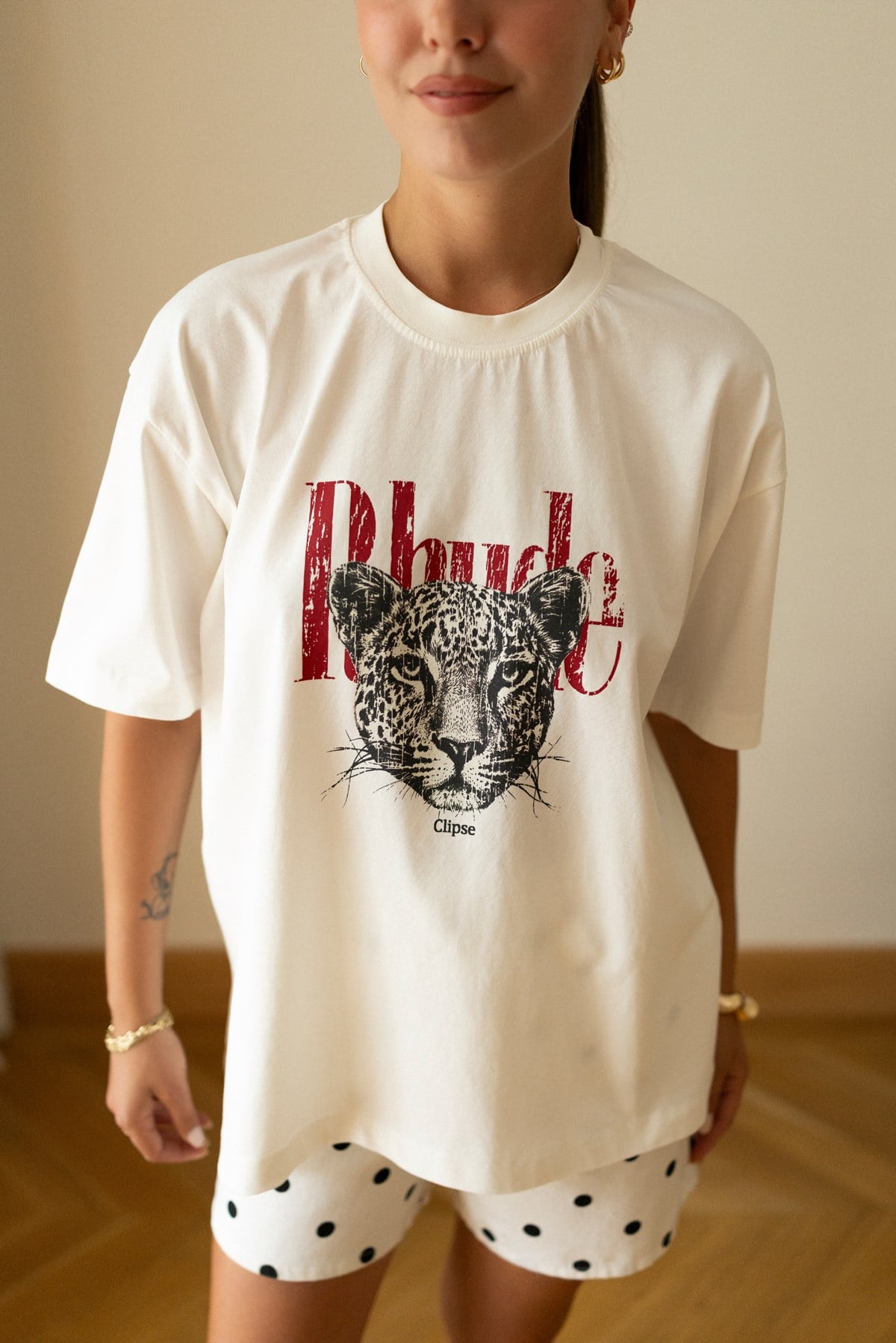 Ekru Leopar Ve Yazı Baskılı Oversize T-Shirt