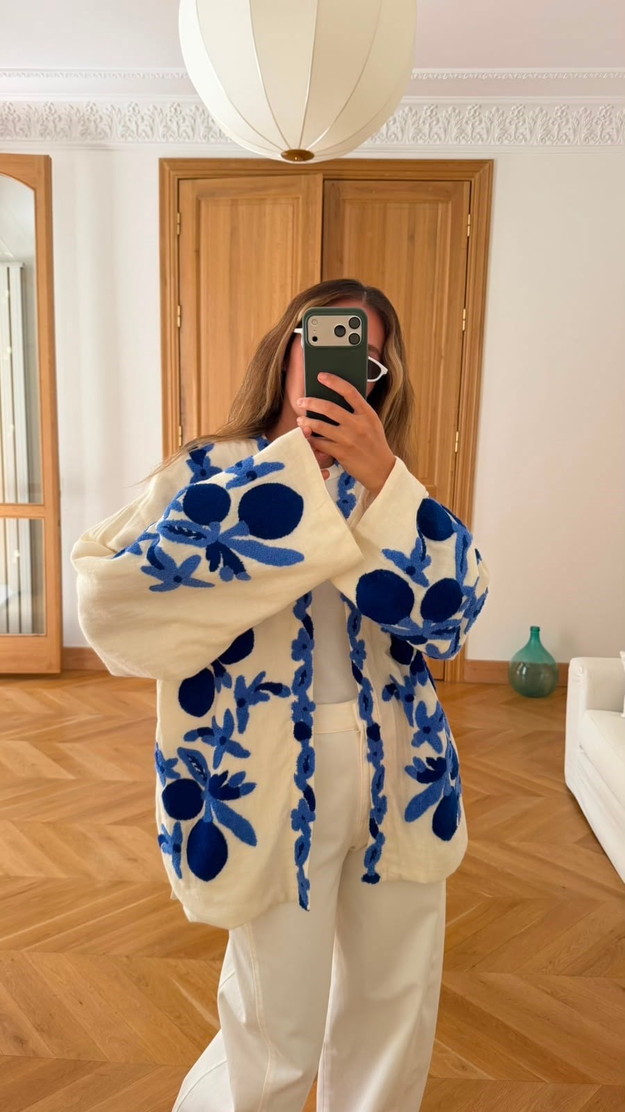 Ekru-Mavi Kabarma Detaylı İthal Kimono