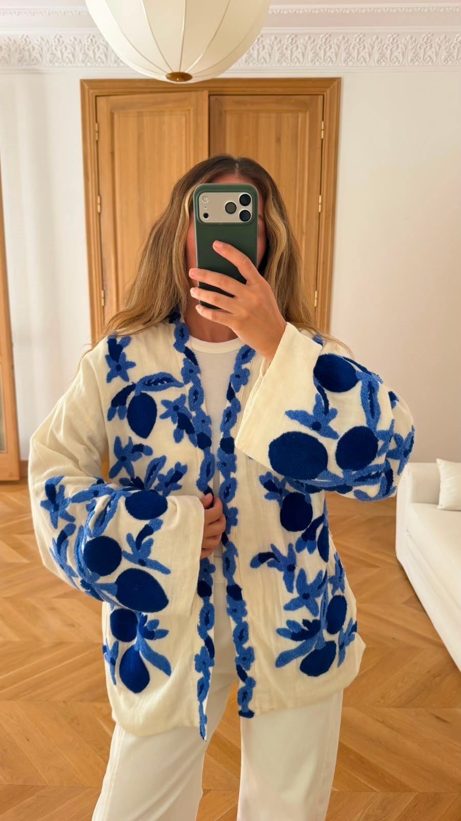Ekru-Mavi Kabarma Detaylı İthal Kimono
