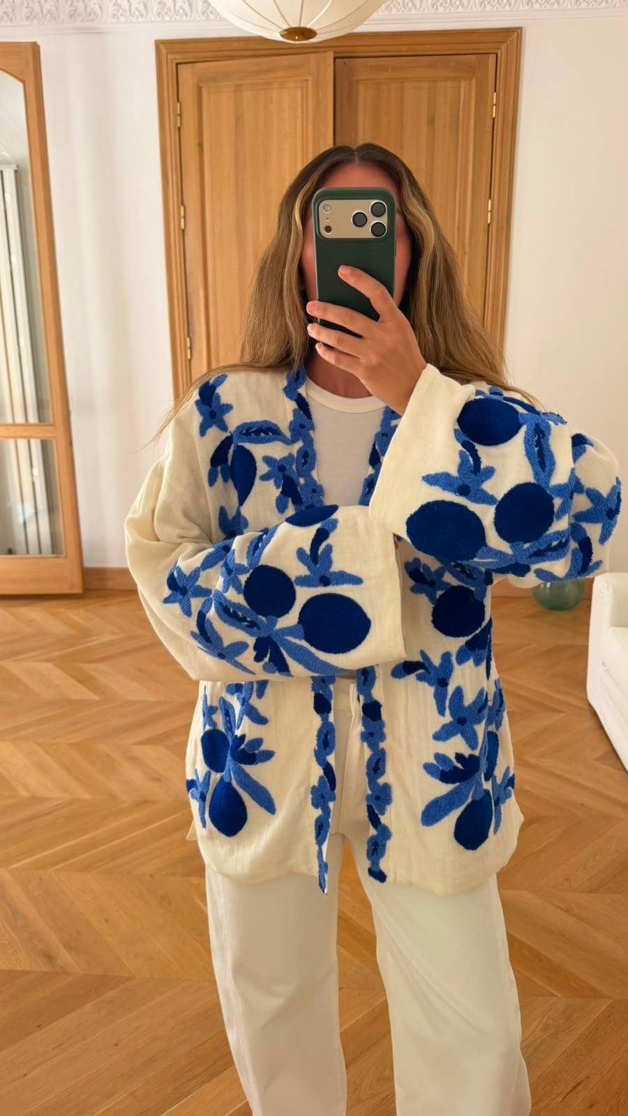 Ekru-Mavi Kabarma Detaylı İthal Kimono