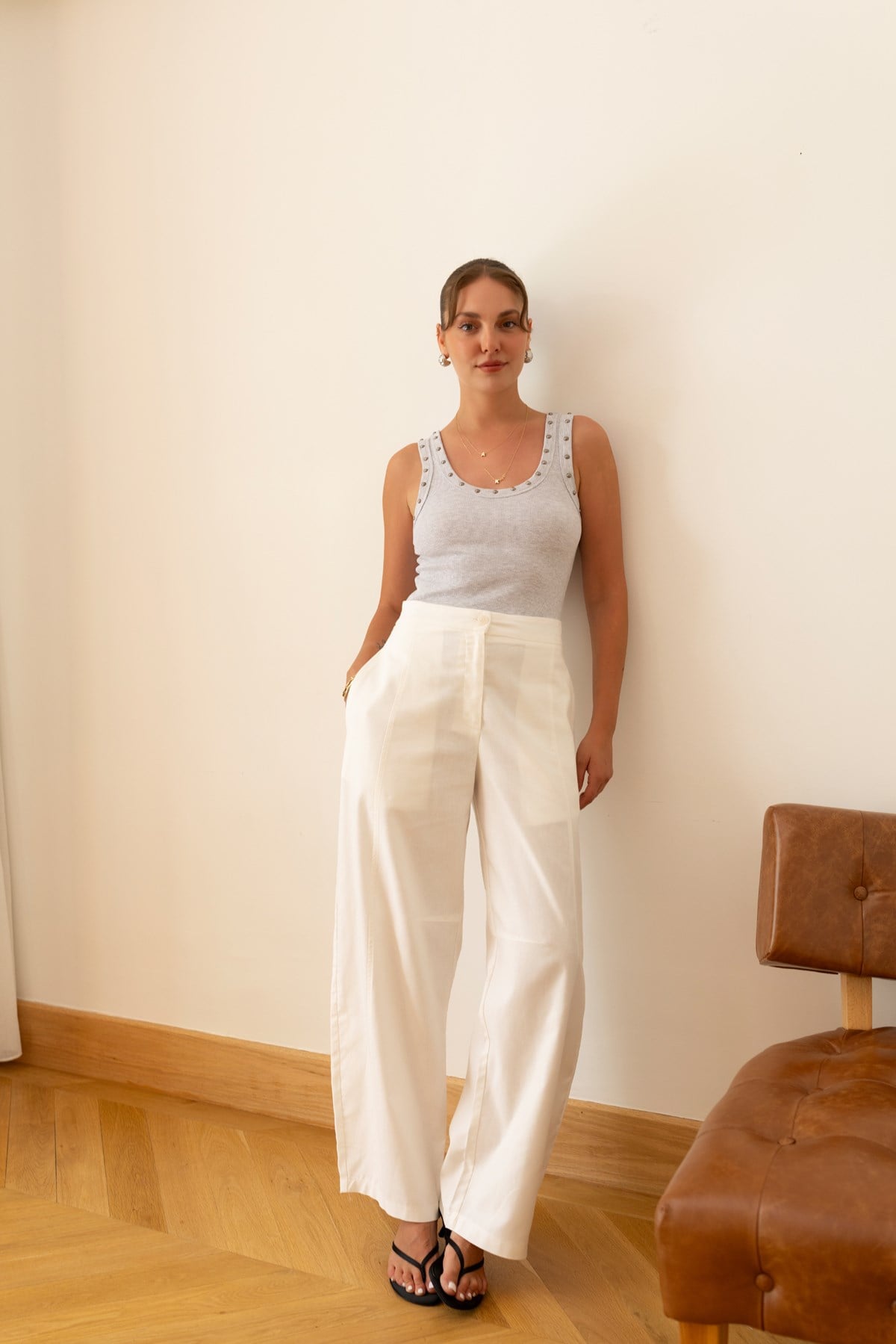 Ekru Önden Çizgi Detaylo Yüksek Bel Slouchy Pantolon