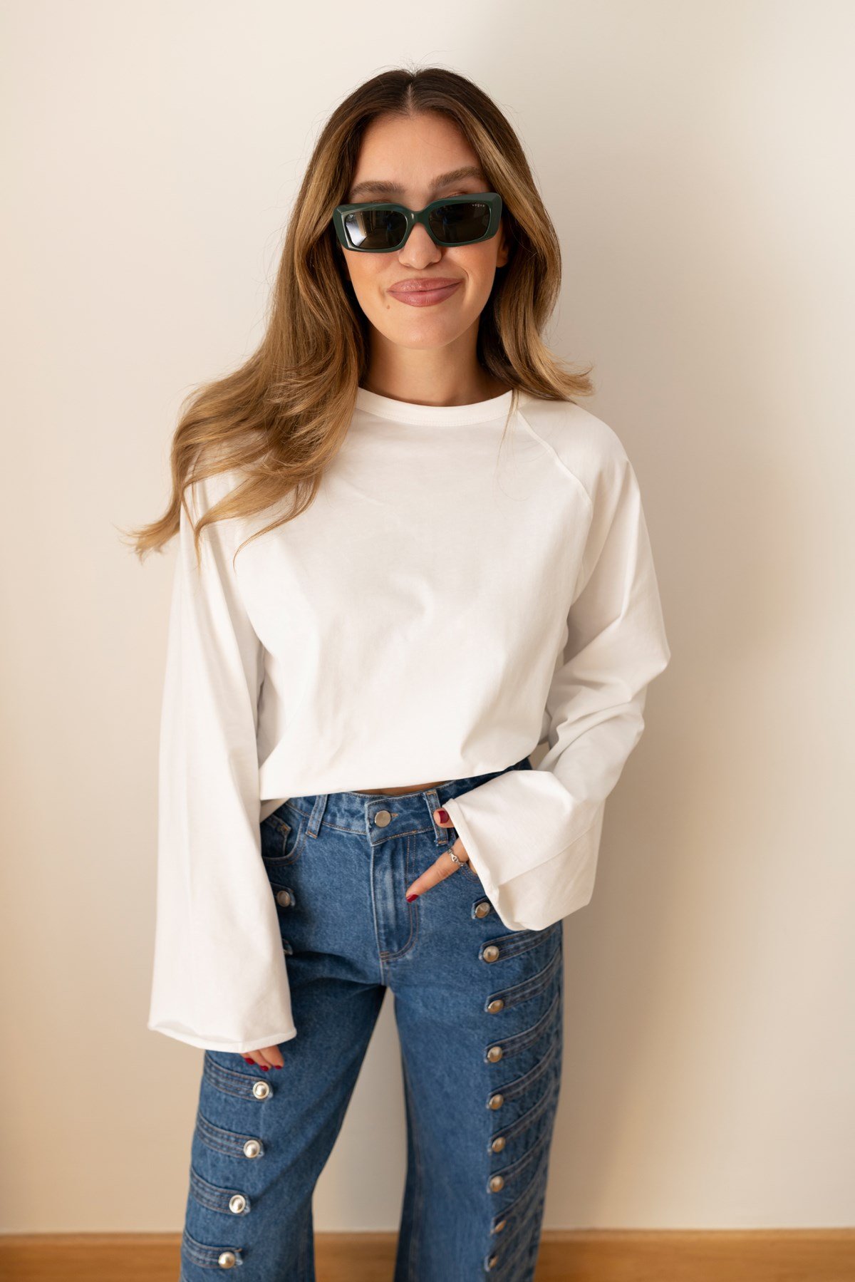 Ekru Oversize İspanyol Kol Basic T-Shirt