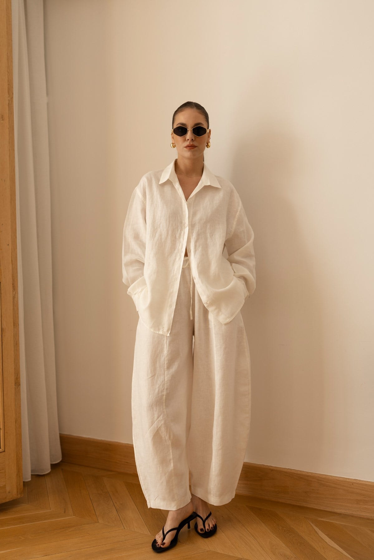 Ekru Oversize Oval Kesim Keten Gömlek