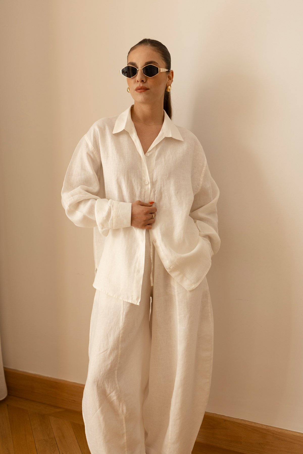 Ekru Oversize Oval Kesim Keten Gömlek