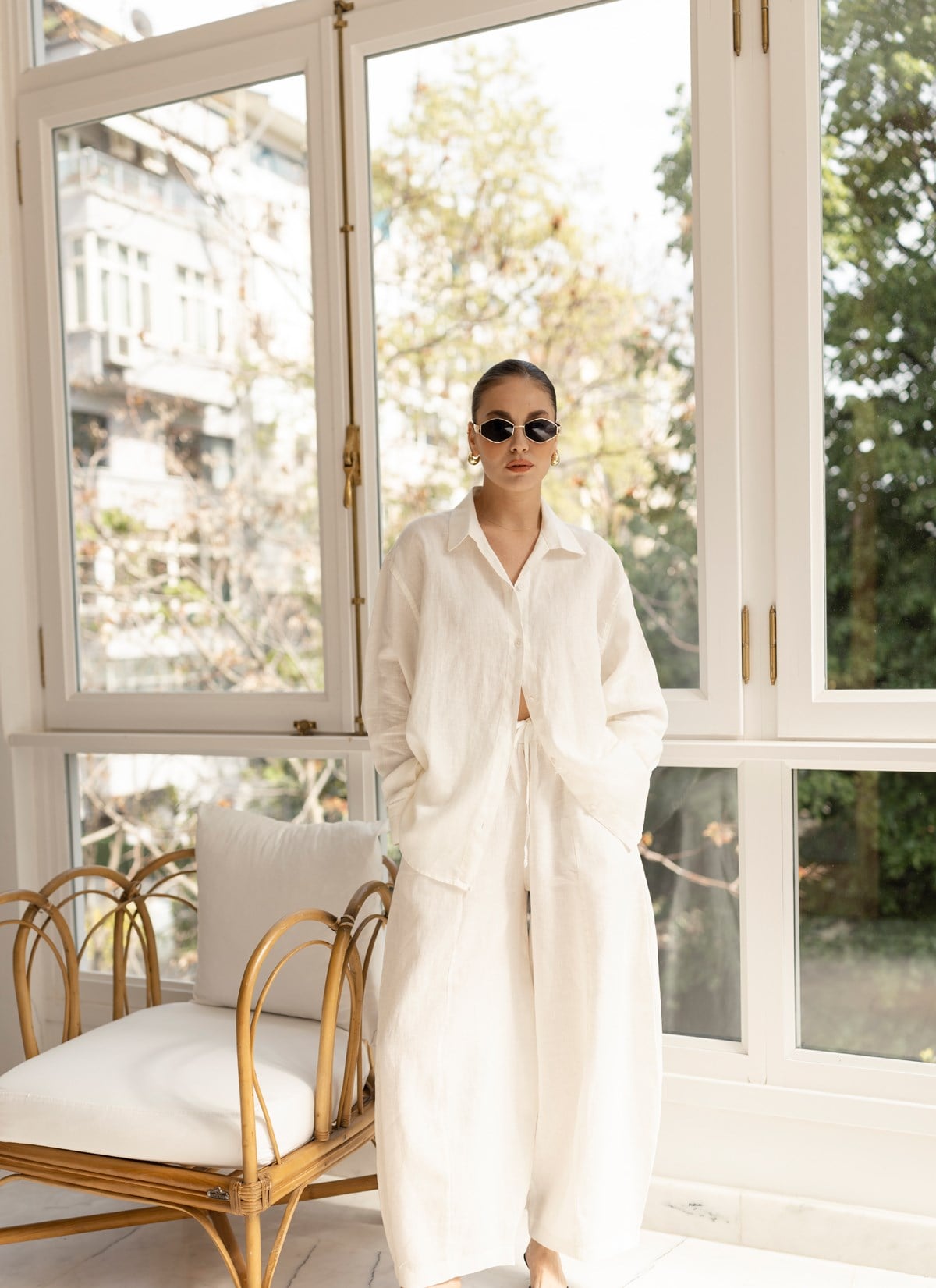 Ekru Oversize Oval Kesim Keten Gömlek