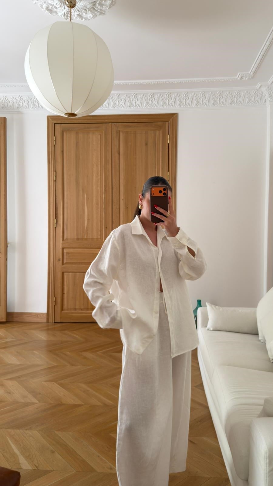 Ekru Oversize Oval Kesim Keten Gömlek