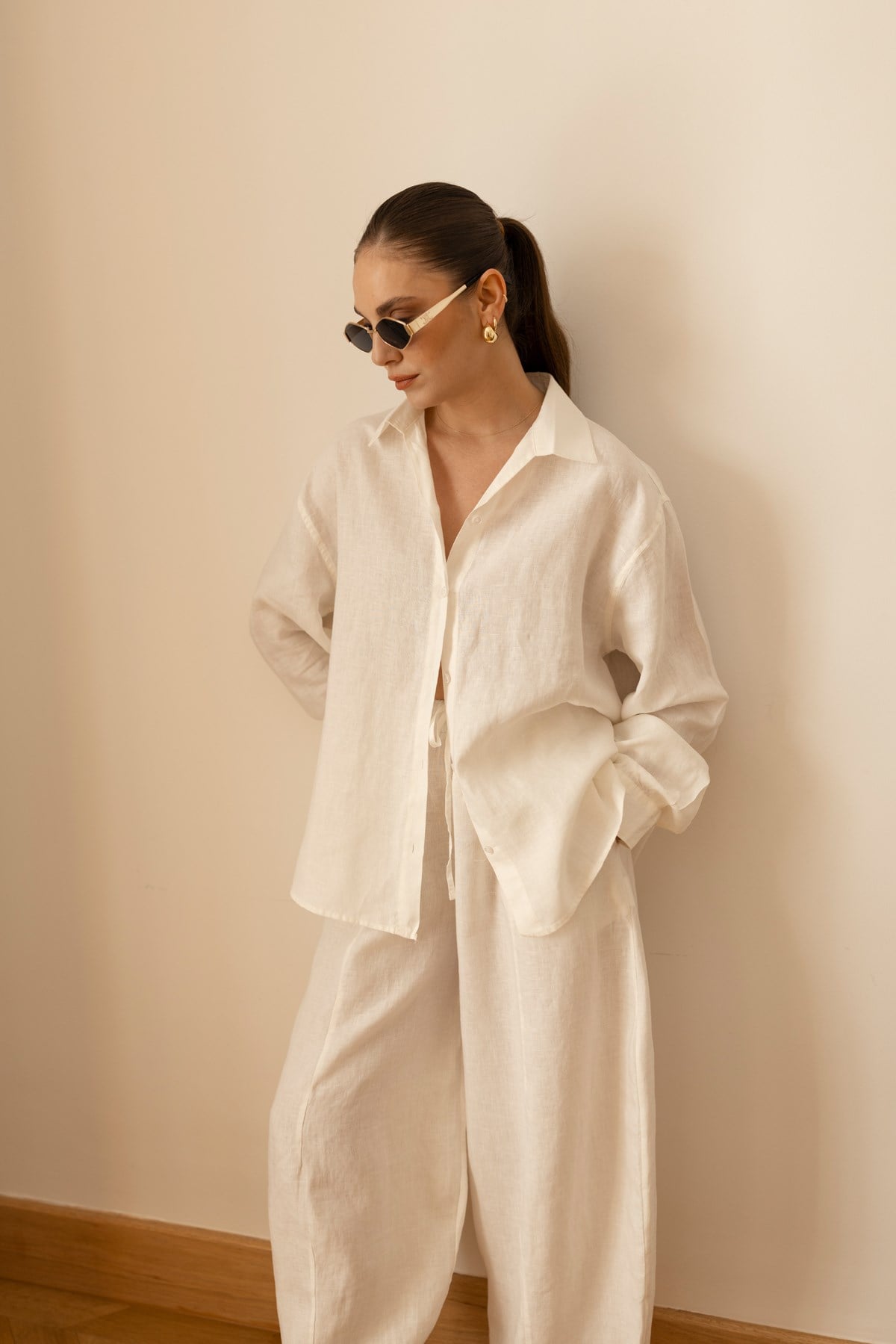 Ekru Oversize Oval Kesim Keten Gömlek
