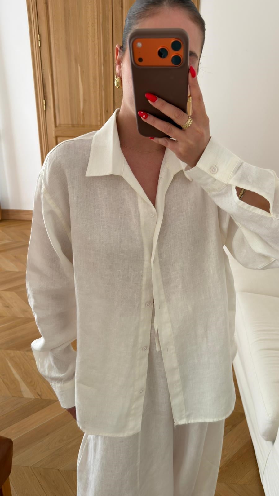 Ekru Oversize Oval Kesim Keten Gömlek