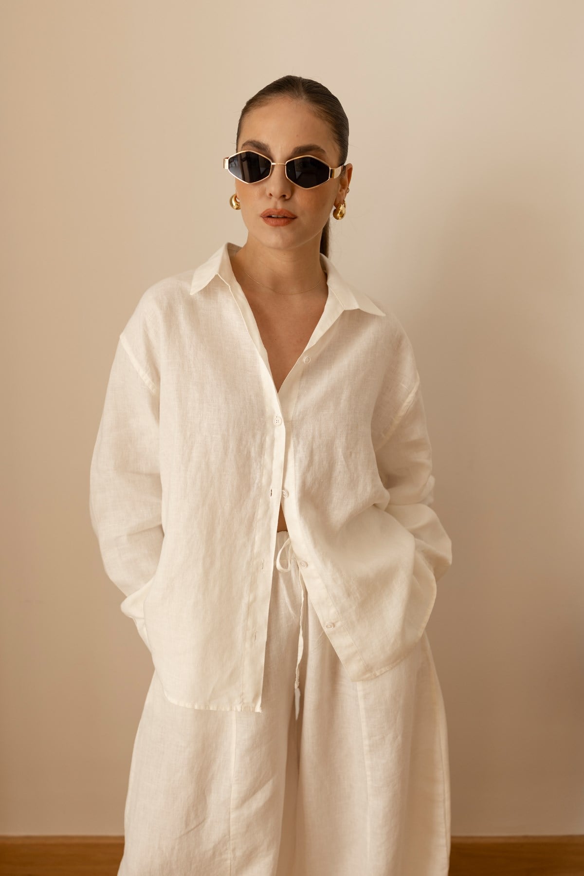 Ekru Oversize Oval Kesim Keten Gömlek