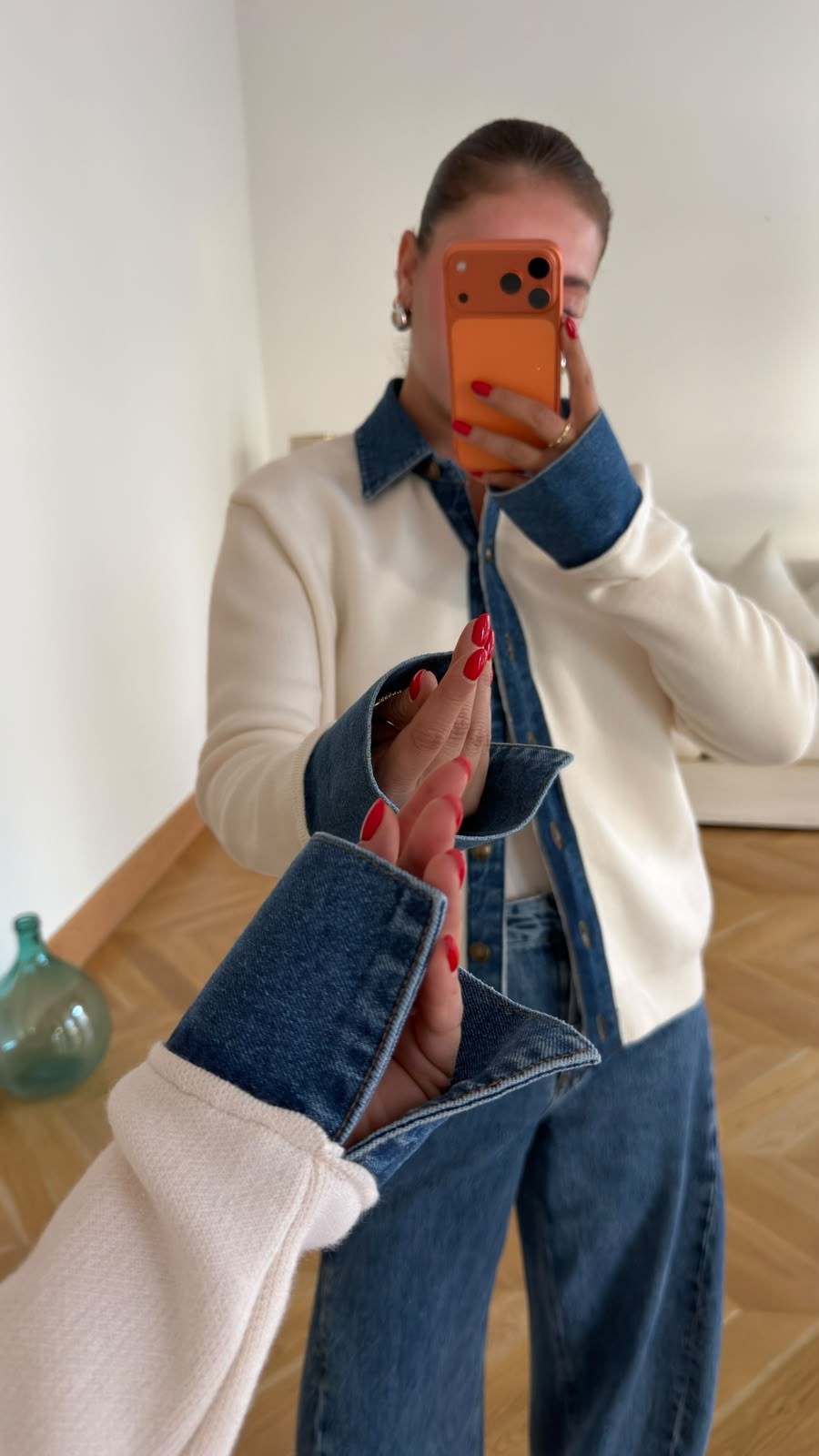 Ekru Polo Yaka Denim Detaylı Hırka