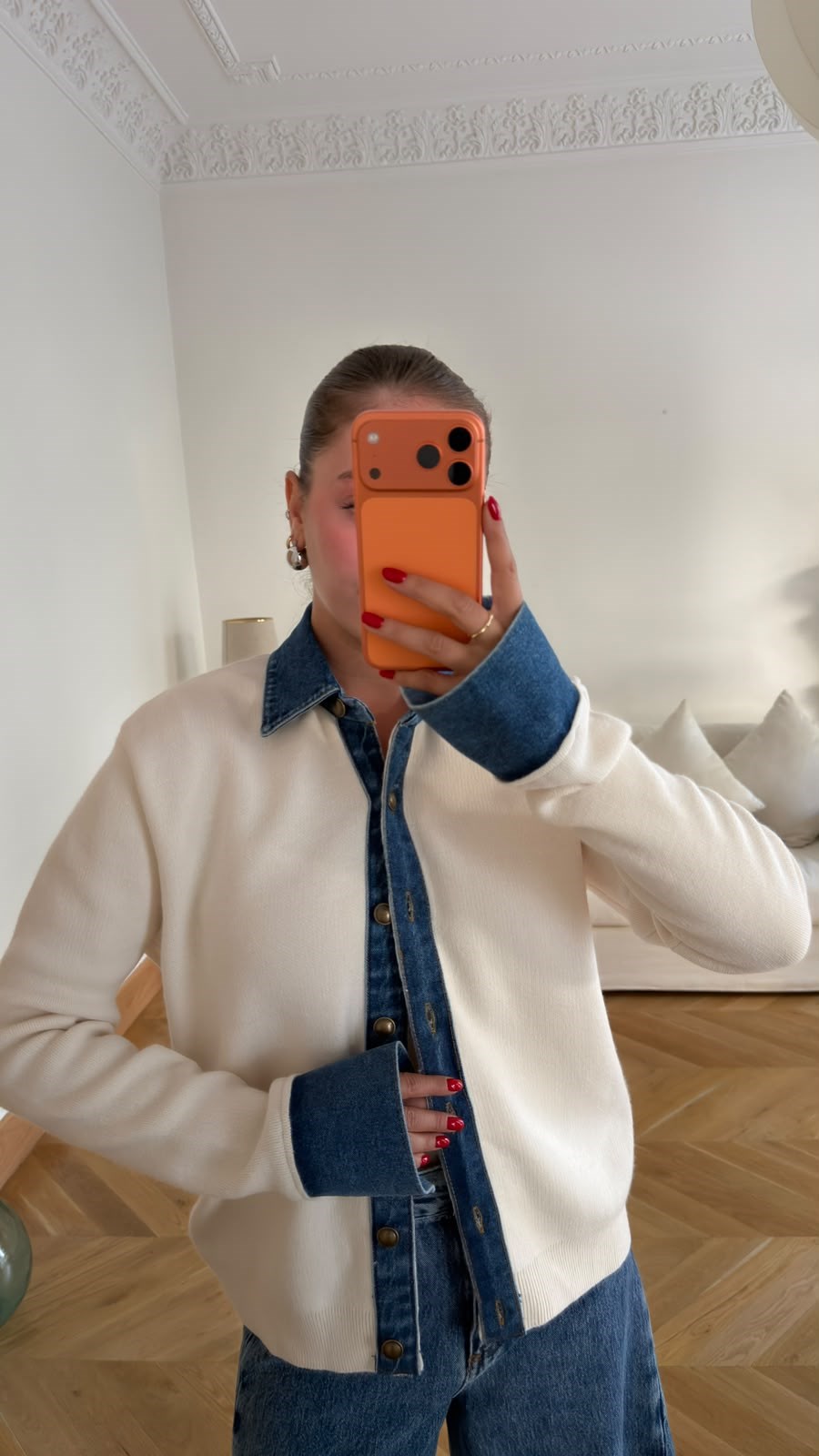 Ekru Polo Yaka Denim Detaylı Hırka