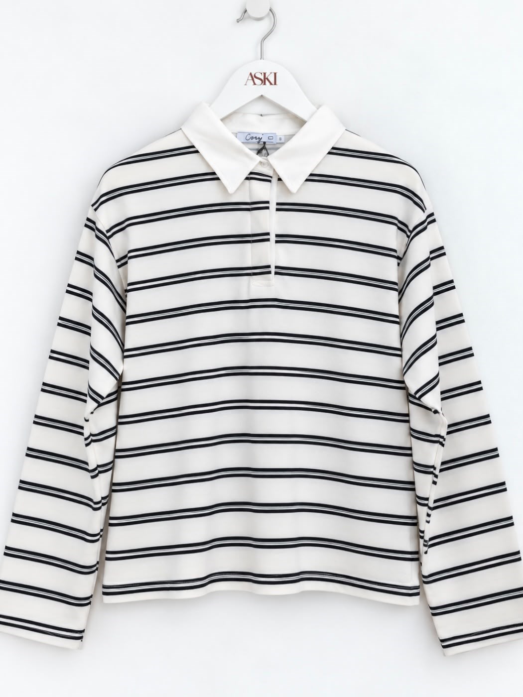 Ekru Polo Yaka Yarım Düğmeli Çizgili SweatShirt