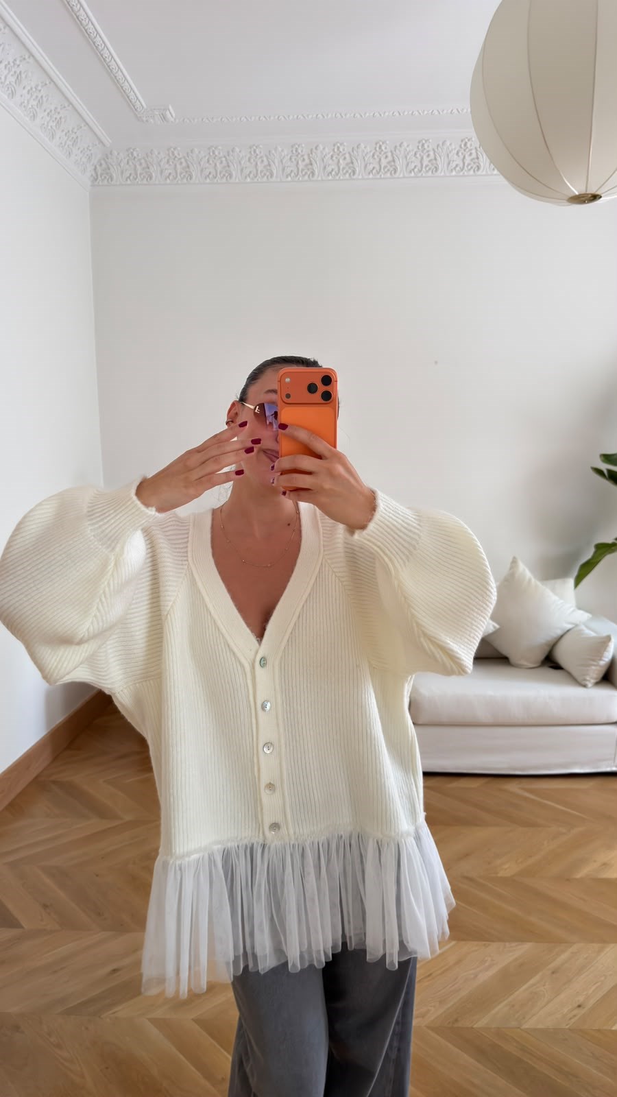 Ekru Tül Detaylı Oversize Hırka