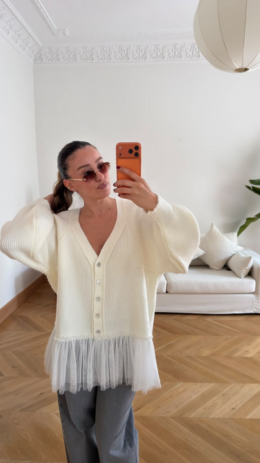 Ekru Tül Detaylı Oversize Hırka