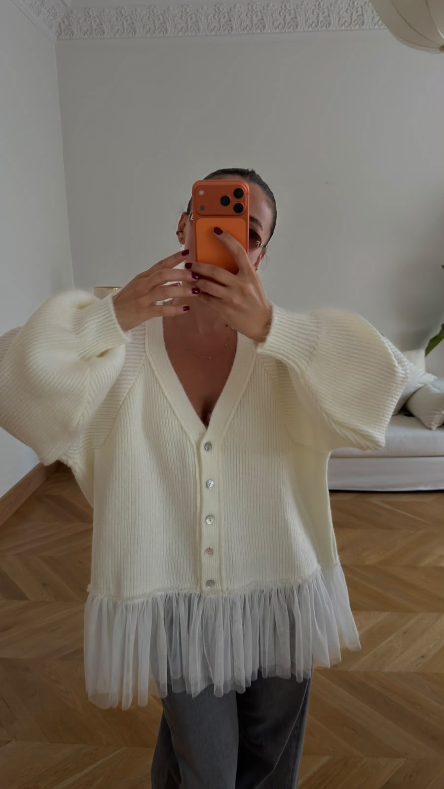 Ekru Tül Detaylı Oversize Hırka
