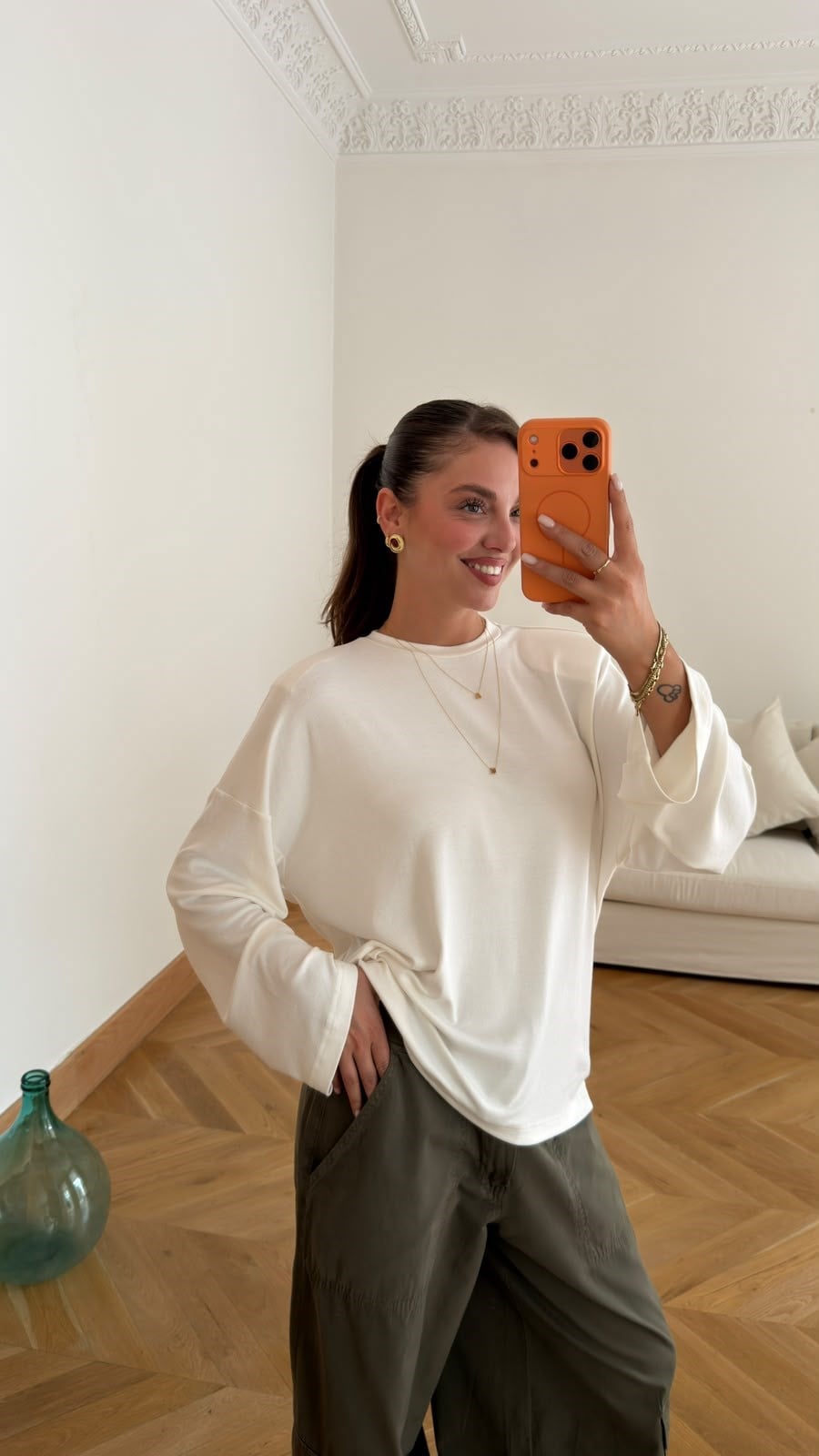 Ekru Vatkalı Oversize Basic SweatShirt