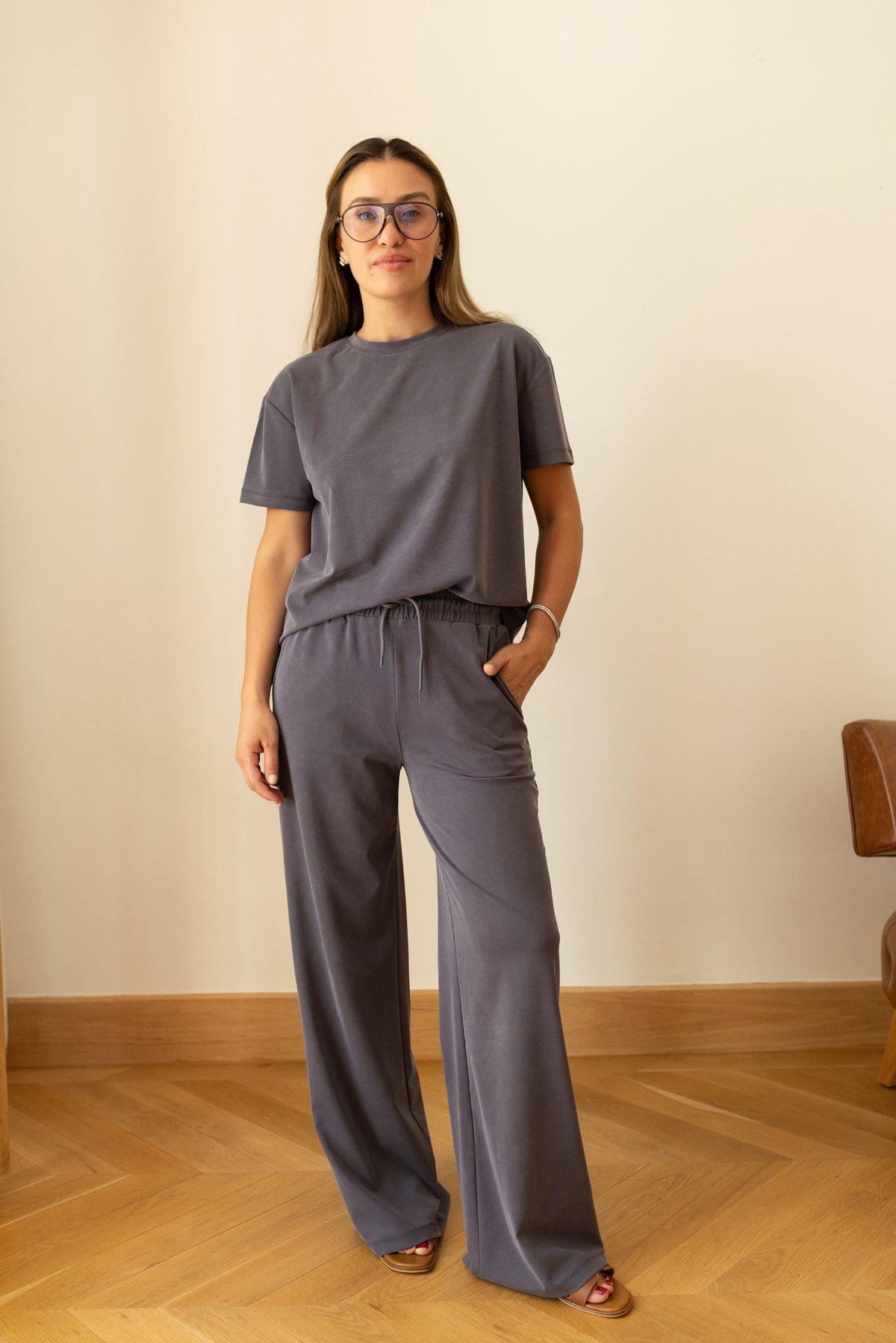 Füme Oversize T-Shirt Ve Pantolon Takım