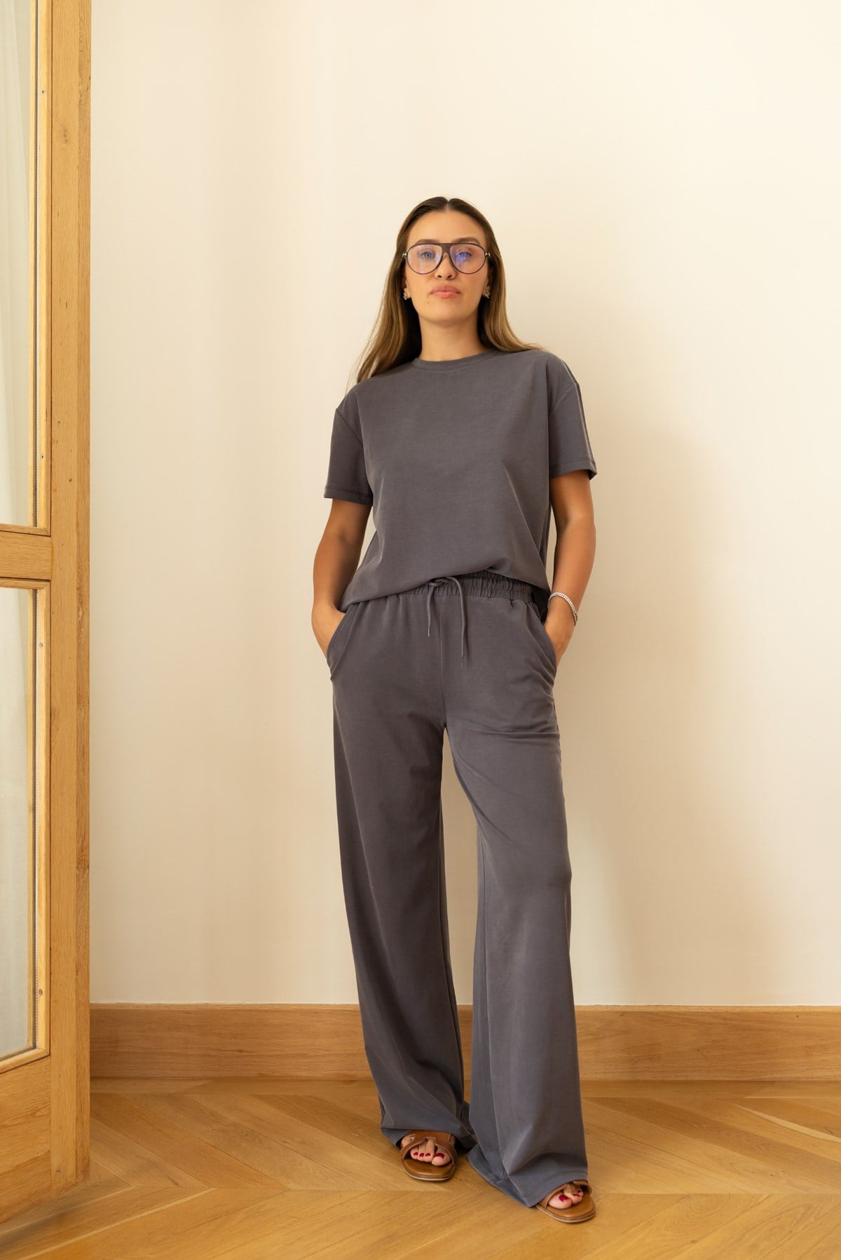 Füme Oversize T-Shirt Ve Pantolon Takım
