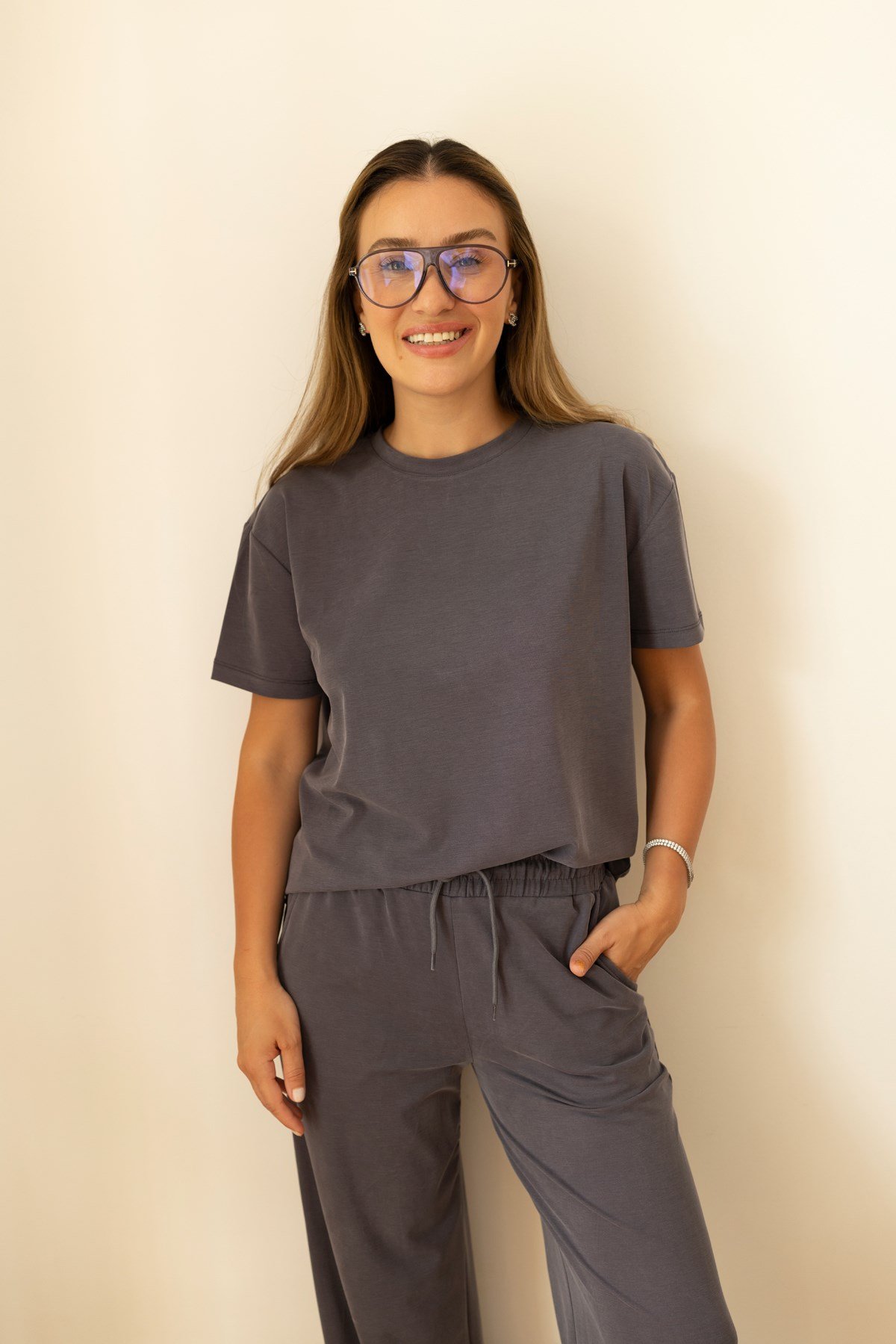Füme Oversize T-Shirt Ve Pantolon Takım