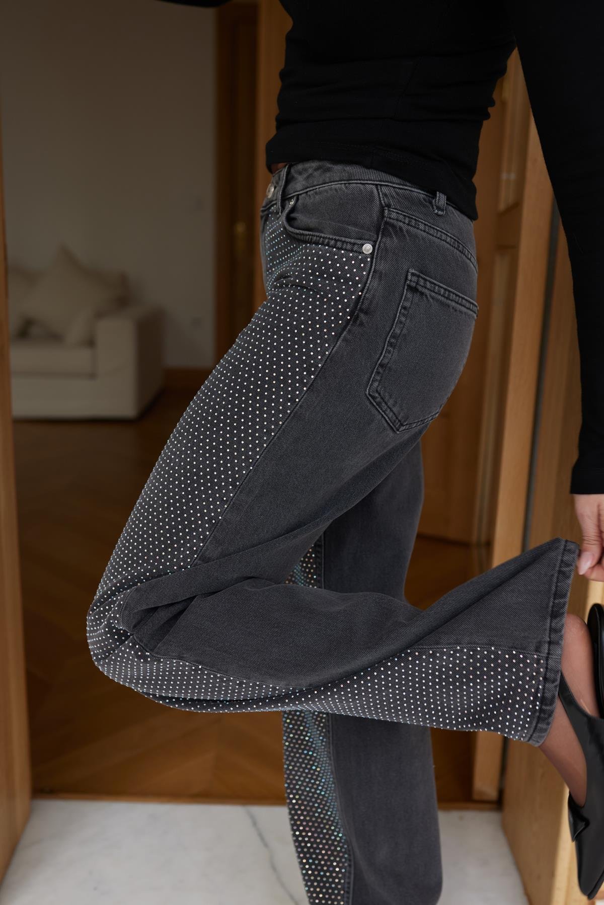 Füme Taş Baskılı Tasarım Jean Pantolon