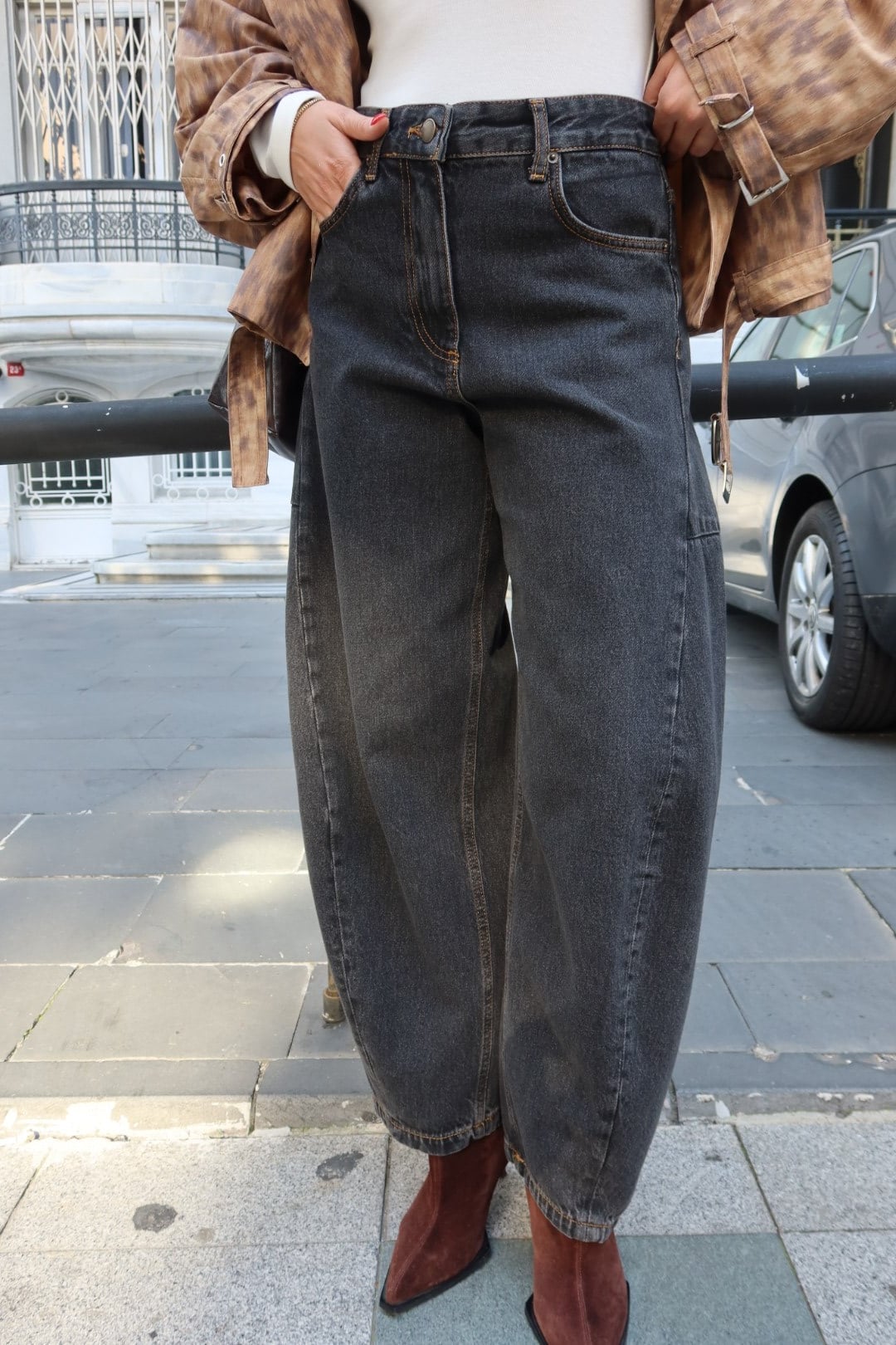 Füme Yüksek Bel Balon Jean Pantolon