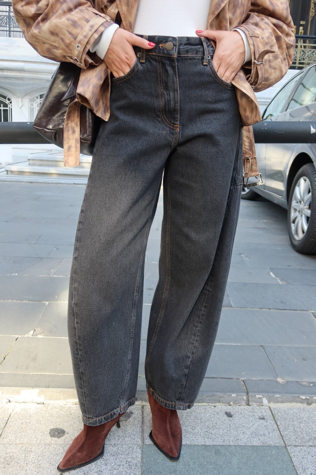 Füme Yüksek Bel Balon Jean Pantolon