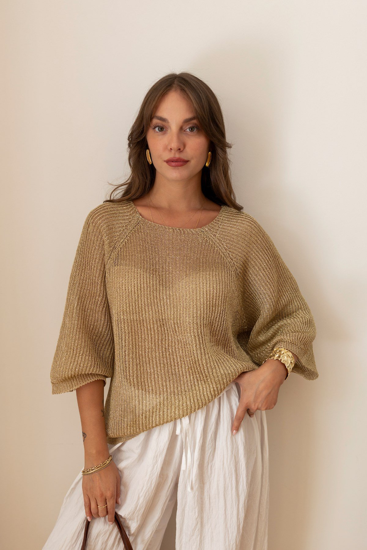 Gold Oversize Simli Mevsimlik Triko Bluz