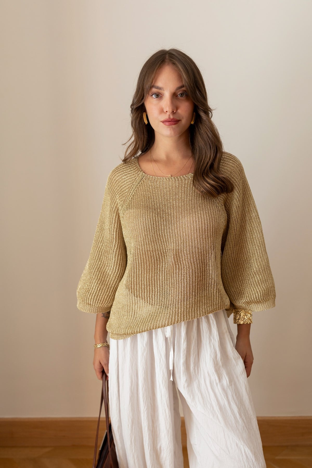 Gold Oversize Simli Mevsimlik Triko Bluz