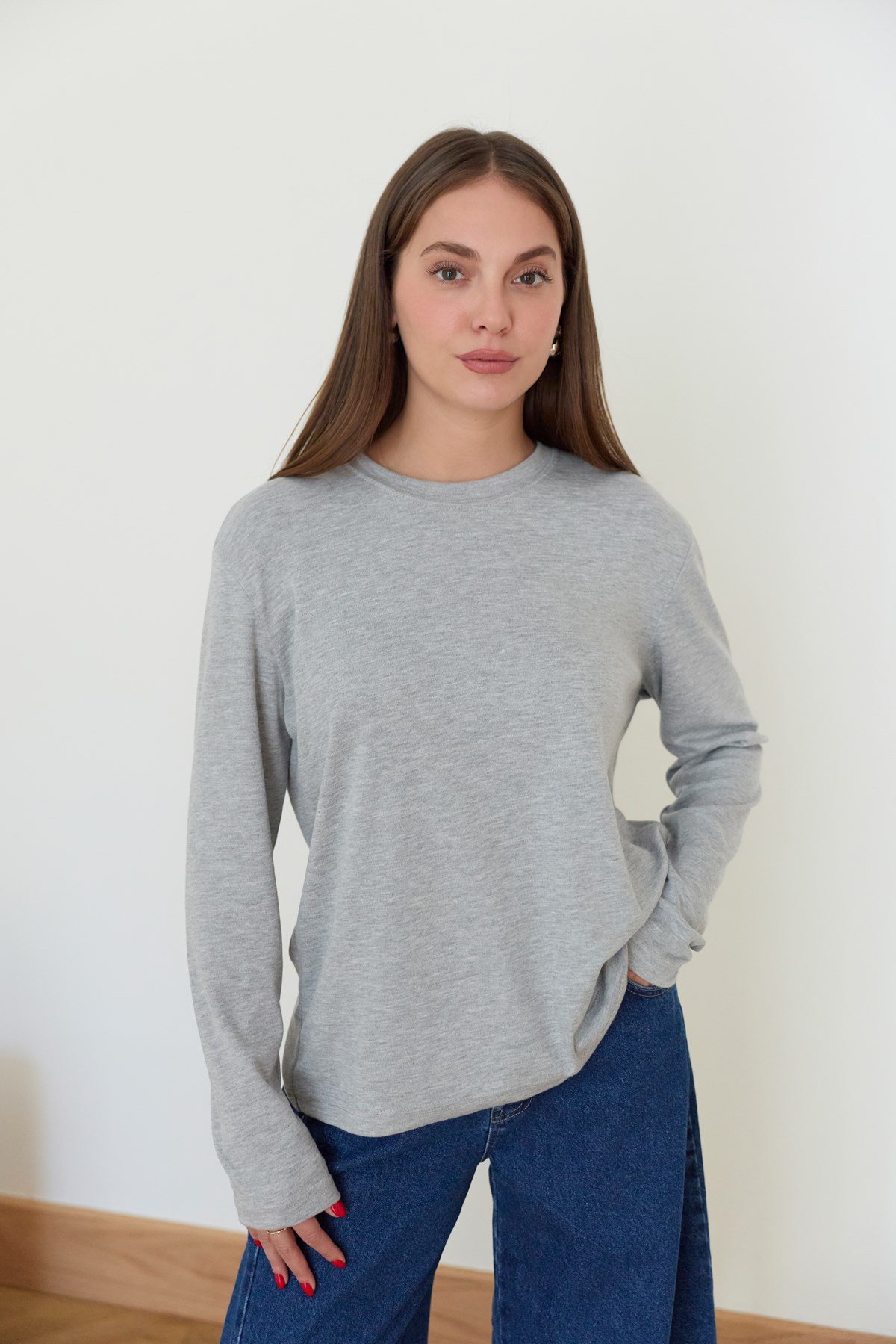 Gri Basic Bisiklet Yaka T-Shirt