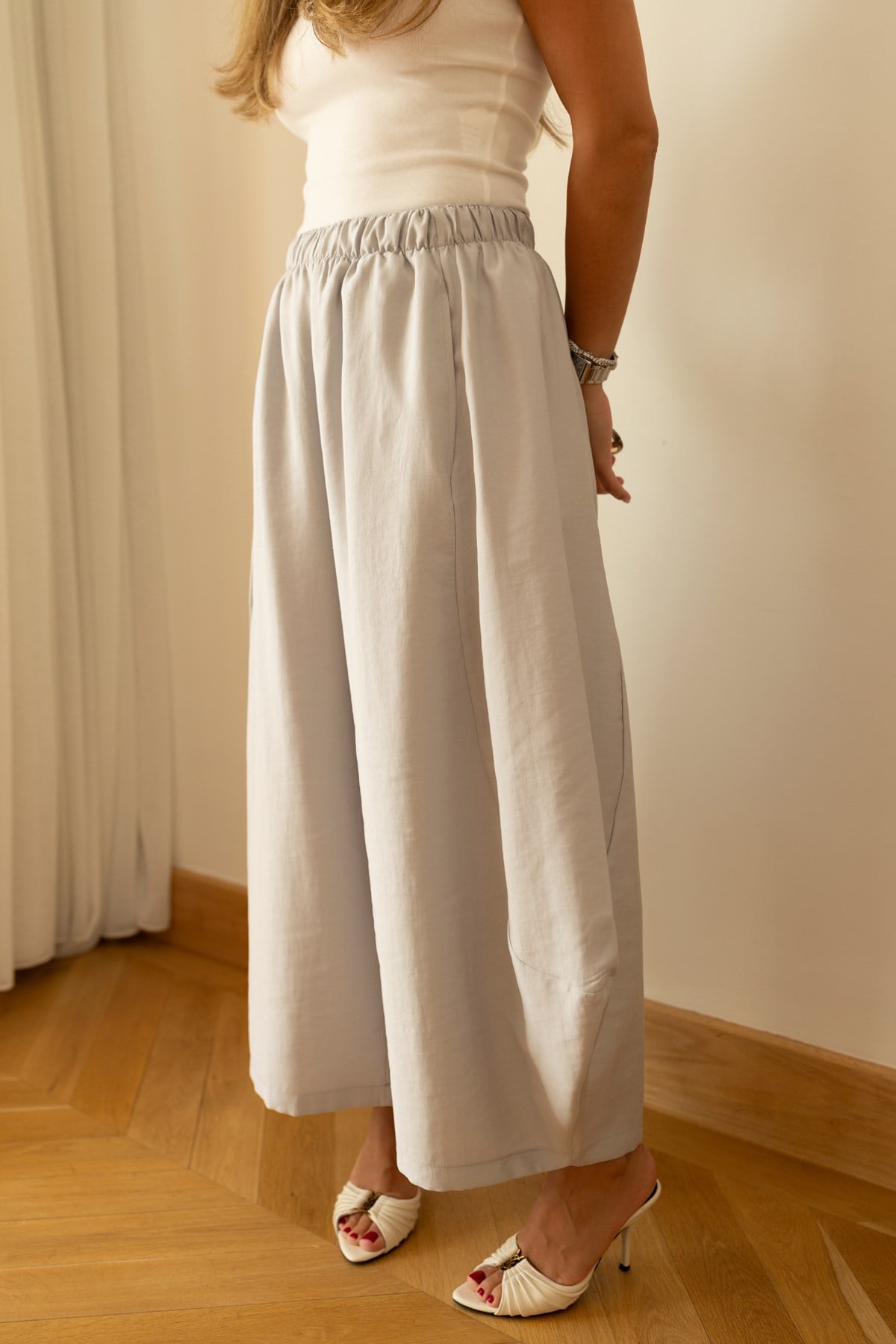 Gri Beli Lastikli Tensel Kumaş Şalvar Pantolon