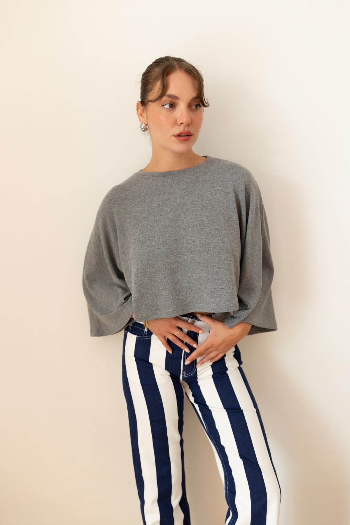 Gri Bisiklet Yaka Crop Panço Bluz
