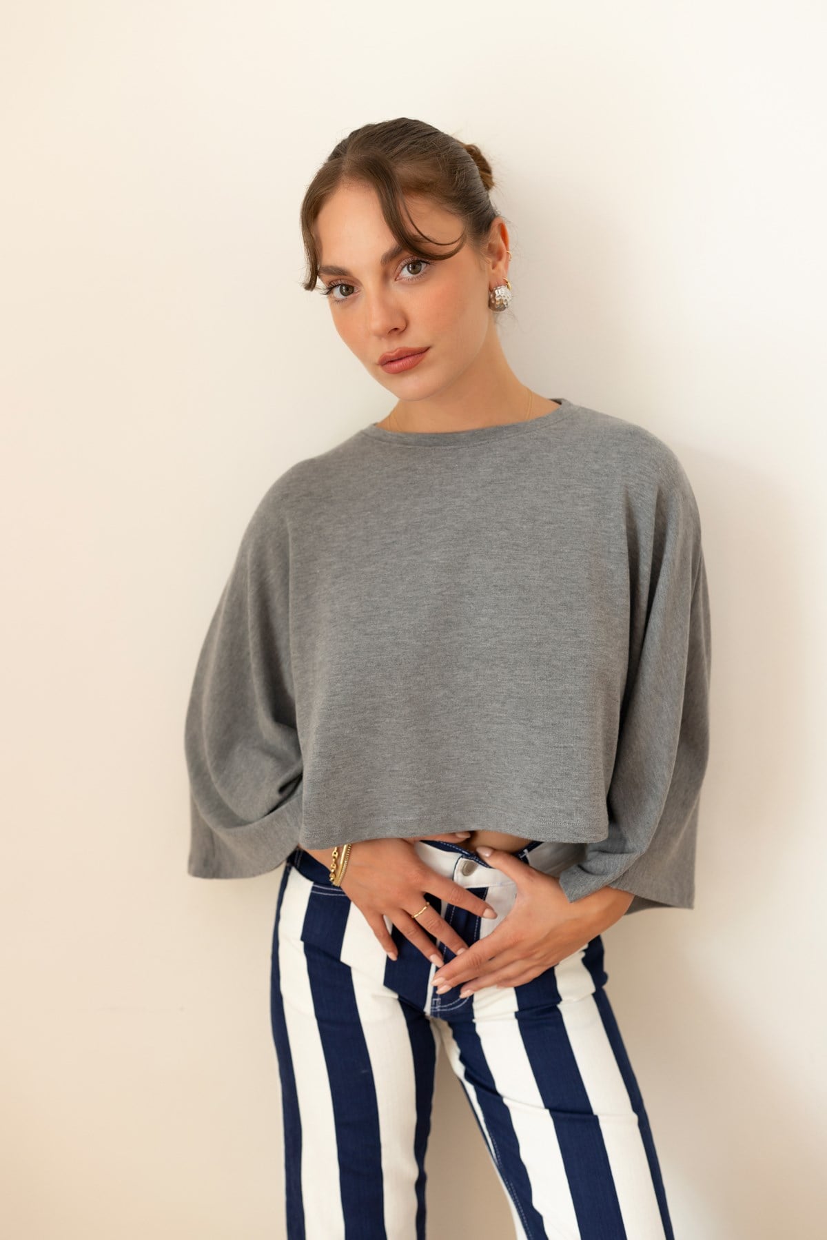 Gri Bisiklet Yaka Crop Panço Bluz