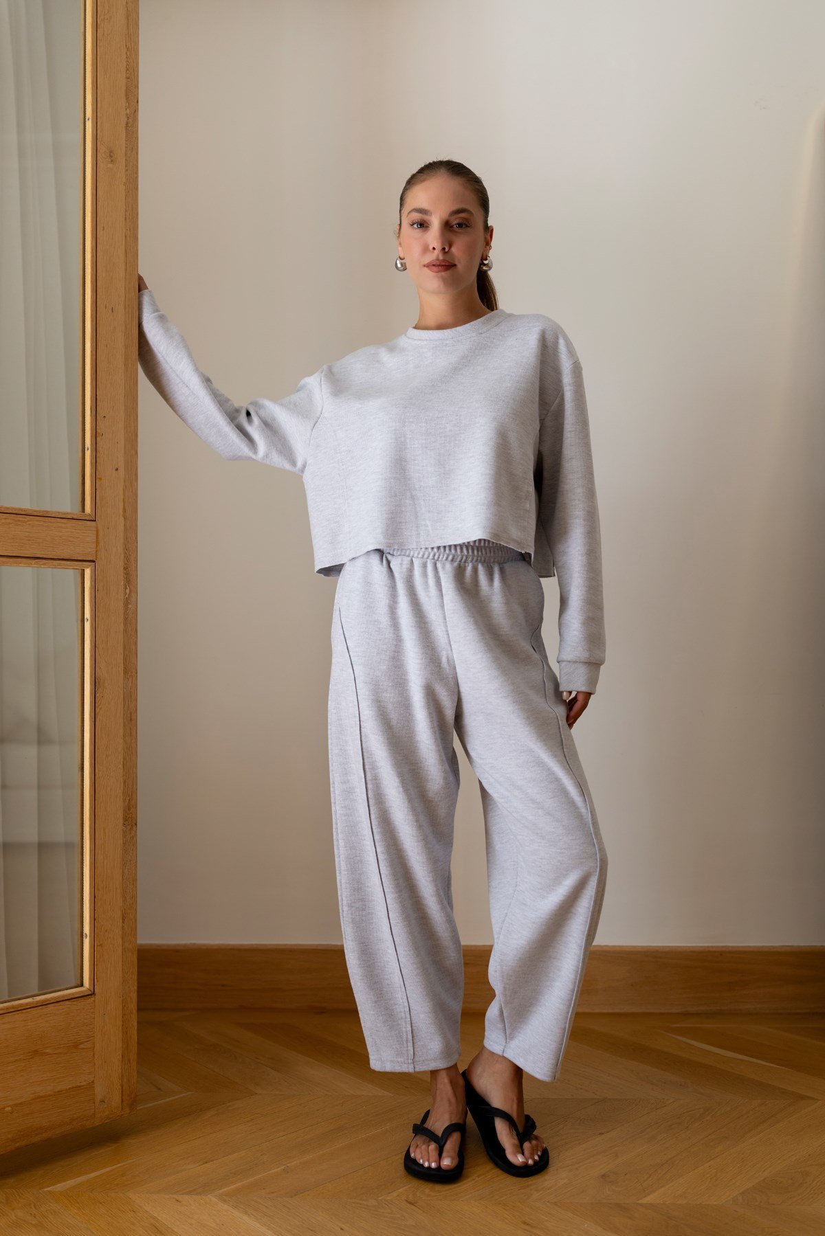 Gri Crop Sweat Eşofman Takım