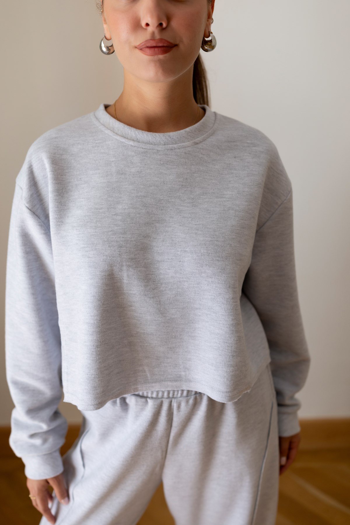Gri Crop Sweat Eşofman Takım