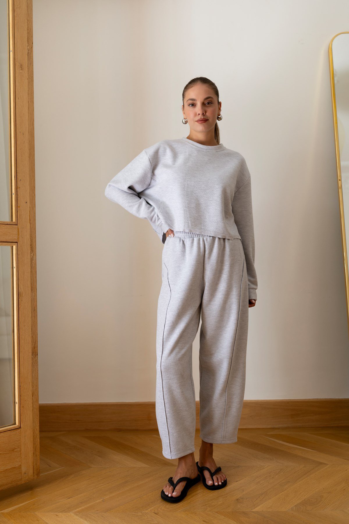 Gri Crop Sweat Eşofman Takım