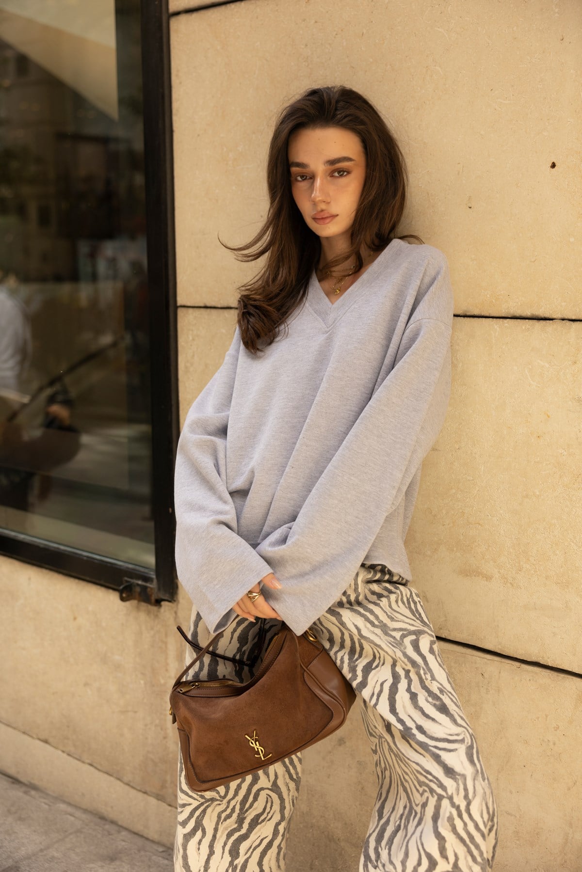 Gri V Yaka Oversize Basic Sweat