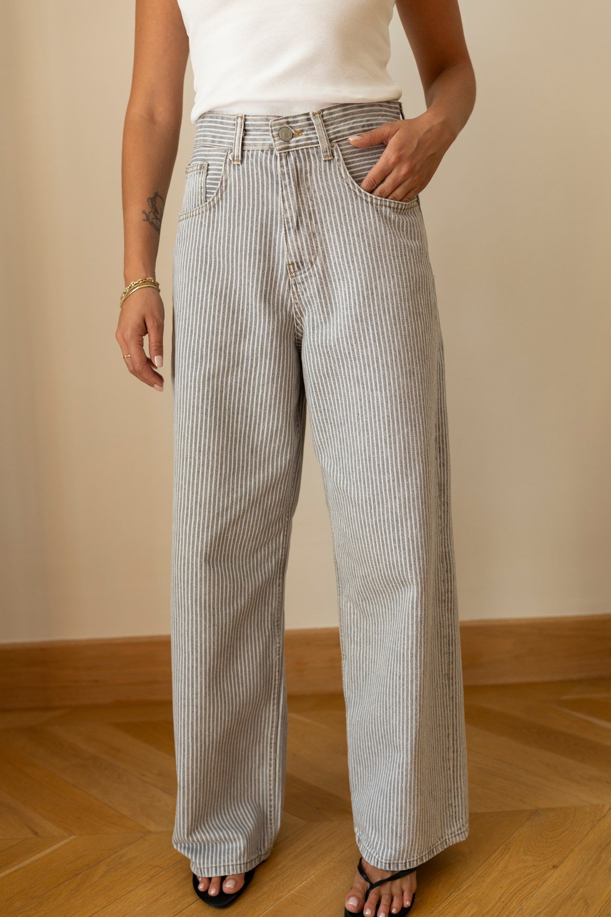 Gri Yüksek Bel Çizgili Bagg Jean Pantolon
