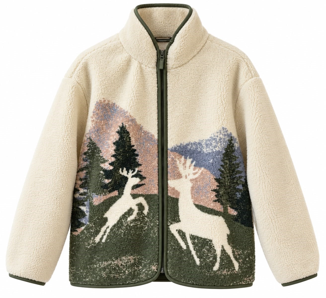 Haki Geyik Desenli Fermuarlı Polar SweatShirt