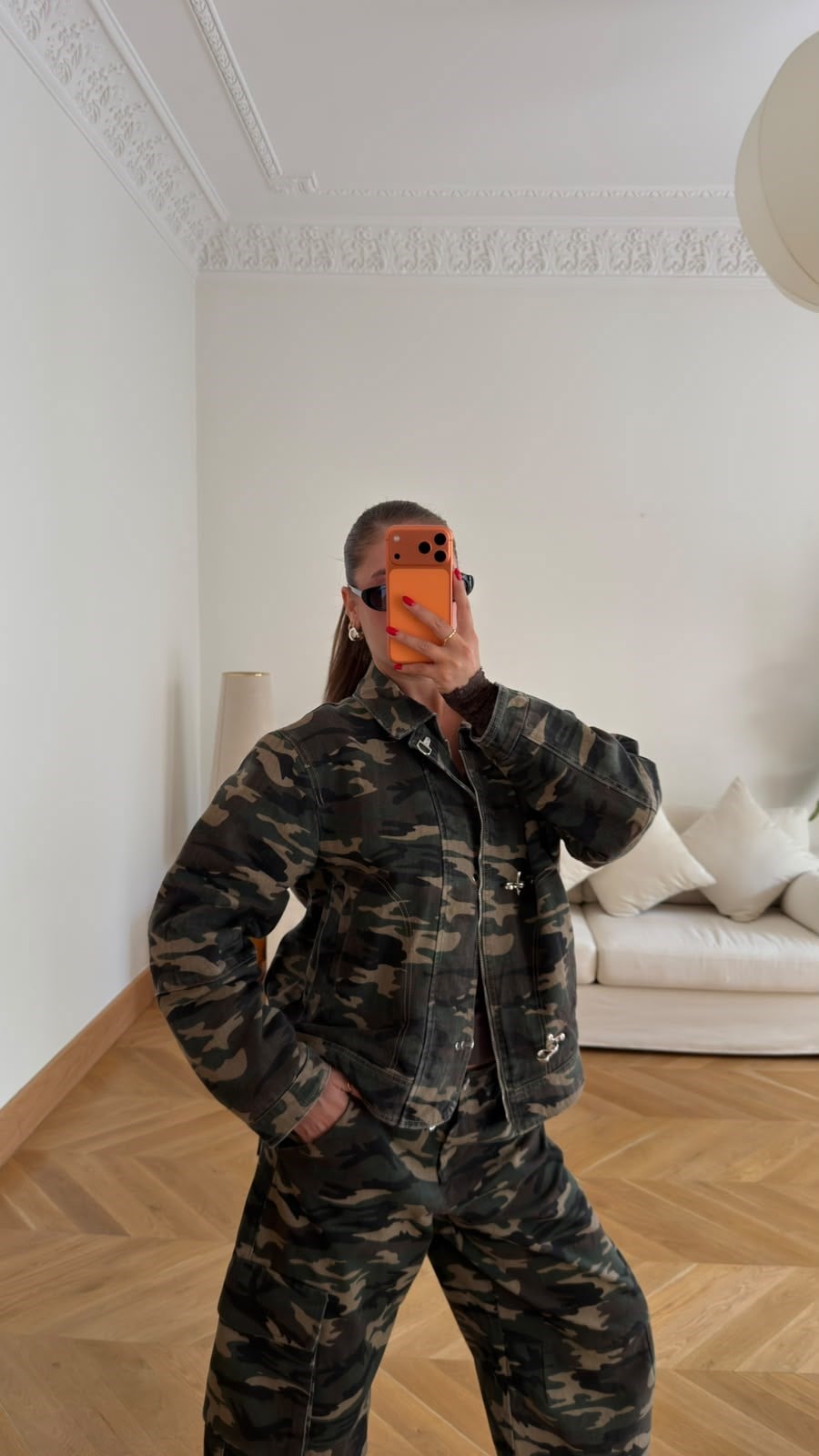 Haki Önden Kanca Detaylı Kamuflaj Desen Denim Ceket