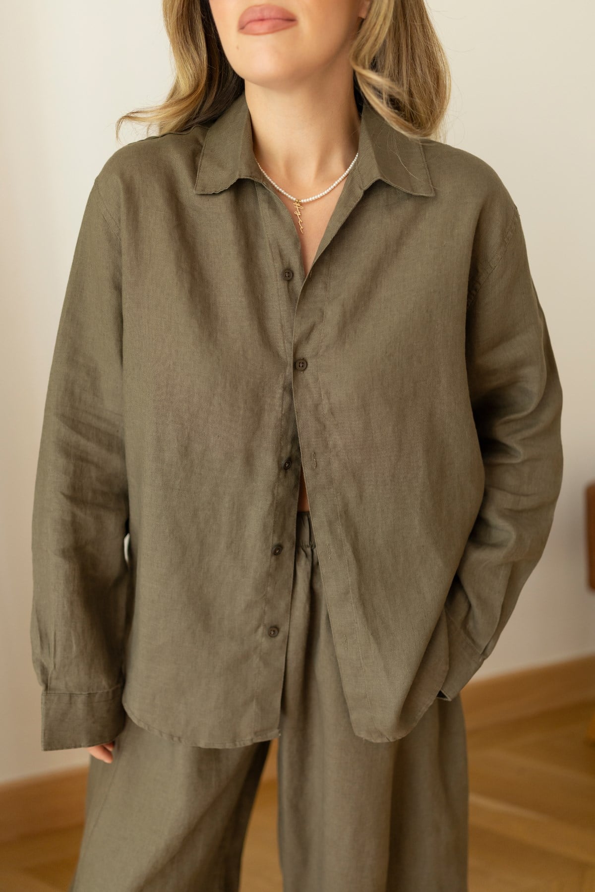 Haki Oversize Oval Kesim Keten Gömlek