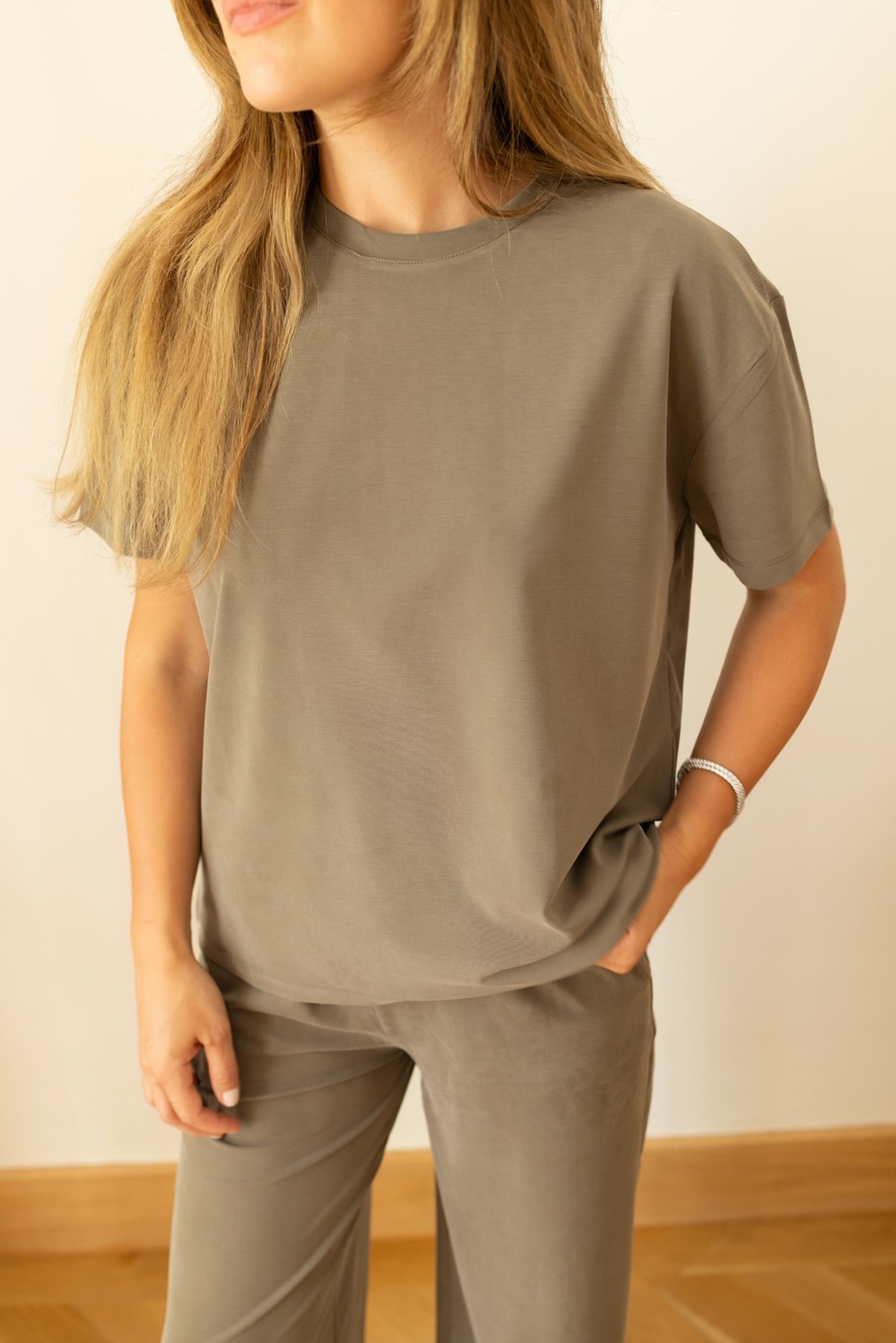 Haki Oversize T-Shirt Ve Pantolon Takım