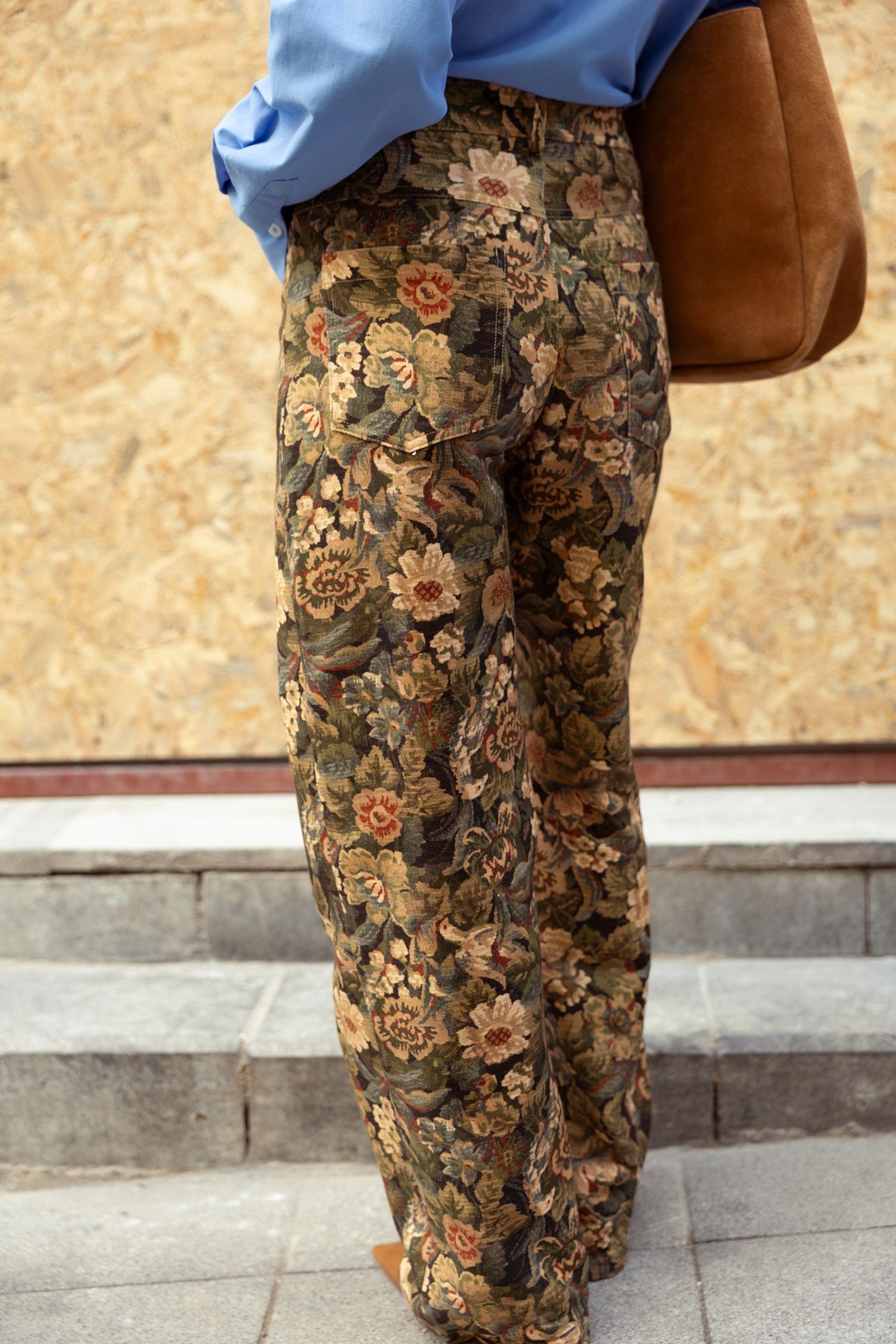 Haki Yüksek Bel Çiçek  Desenli Gabardin Pantolon