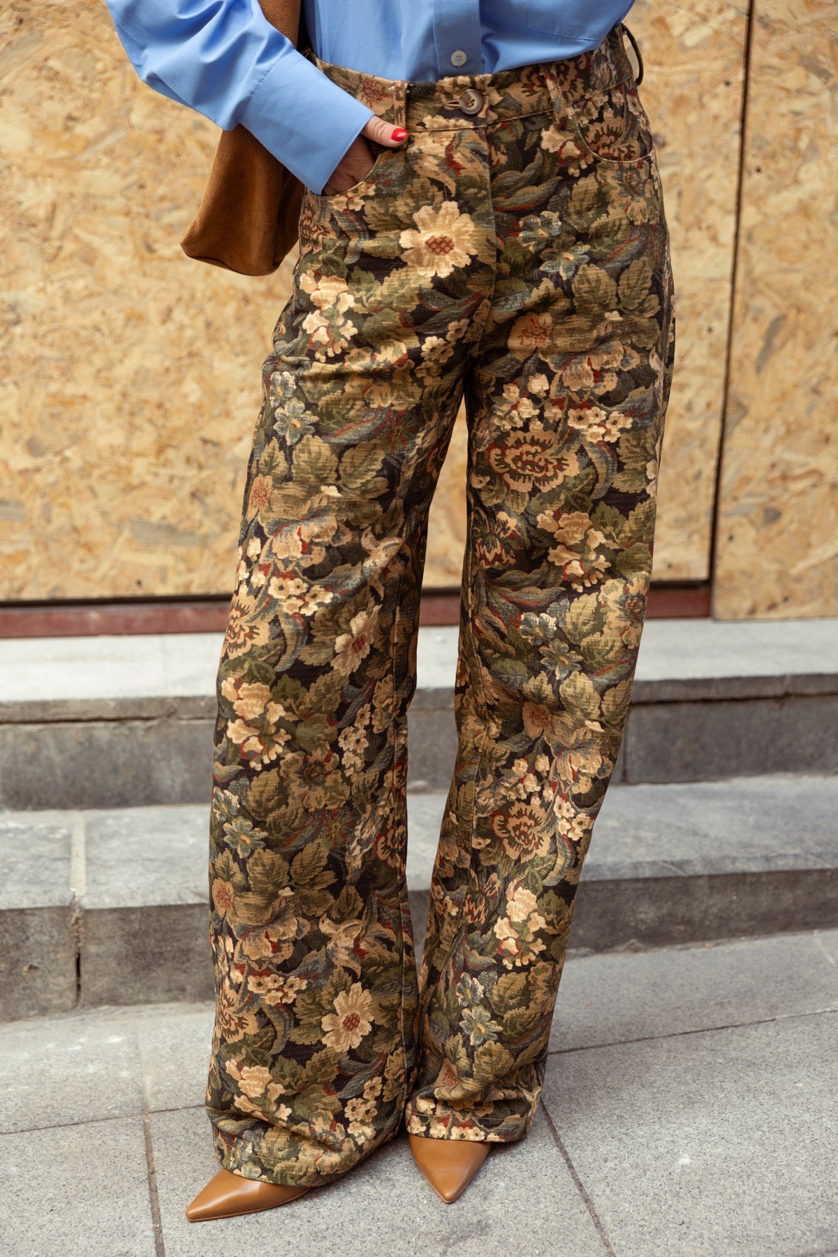 Haki Yüksek Bel Çiçek  Desenli Gabardin Pantolon