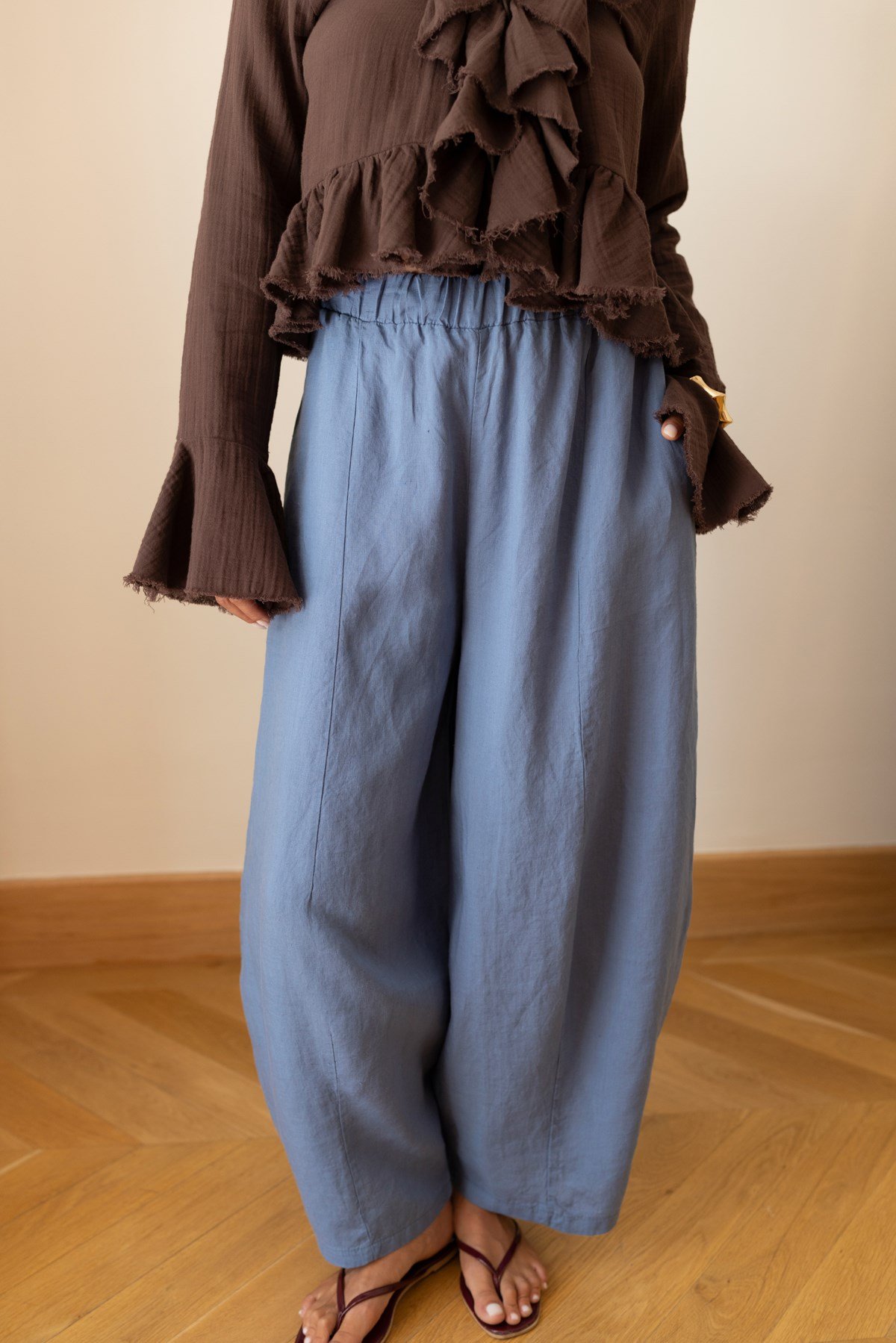 İndigo Beli Lastikli Slouchy %100 Keten Pantolon