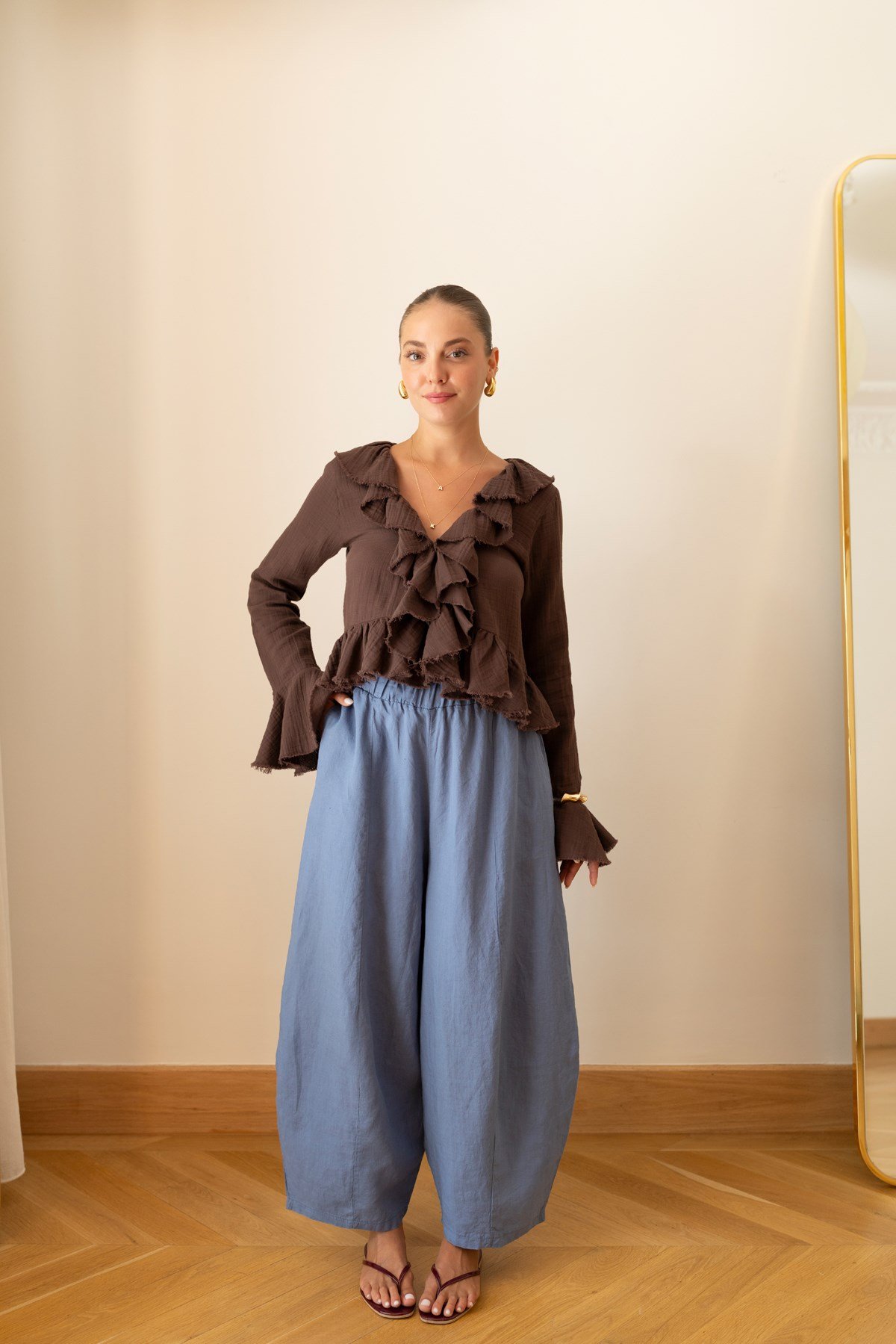 İndigo Beli Lastikli Slouchy %100 Keten Pantolon
