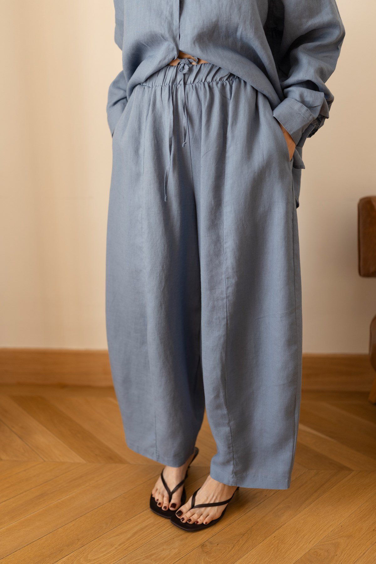 İndigo Beli Lastikli Slouchy Keten Pantolon