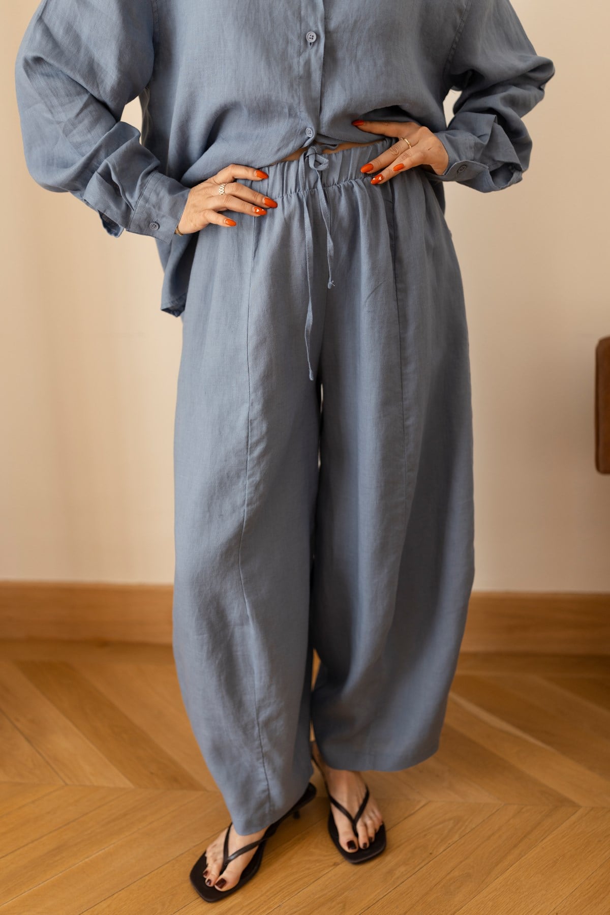 İndigo Beli Lastikli Slouchy Keten Pantolon